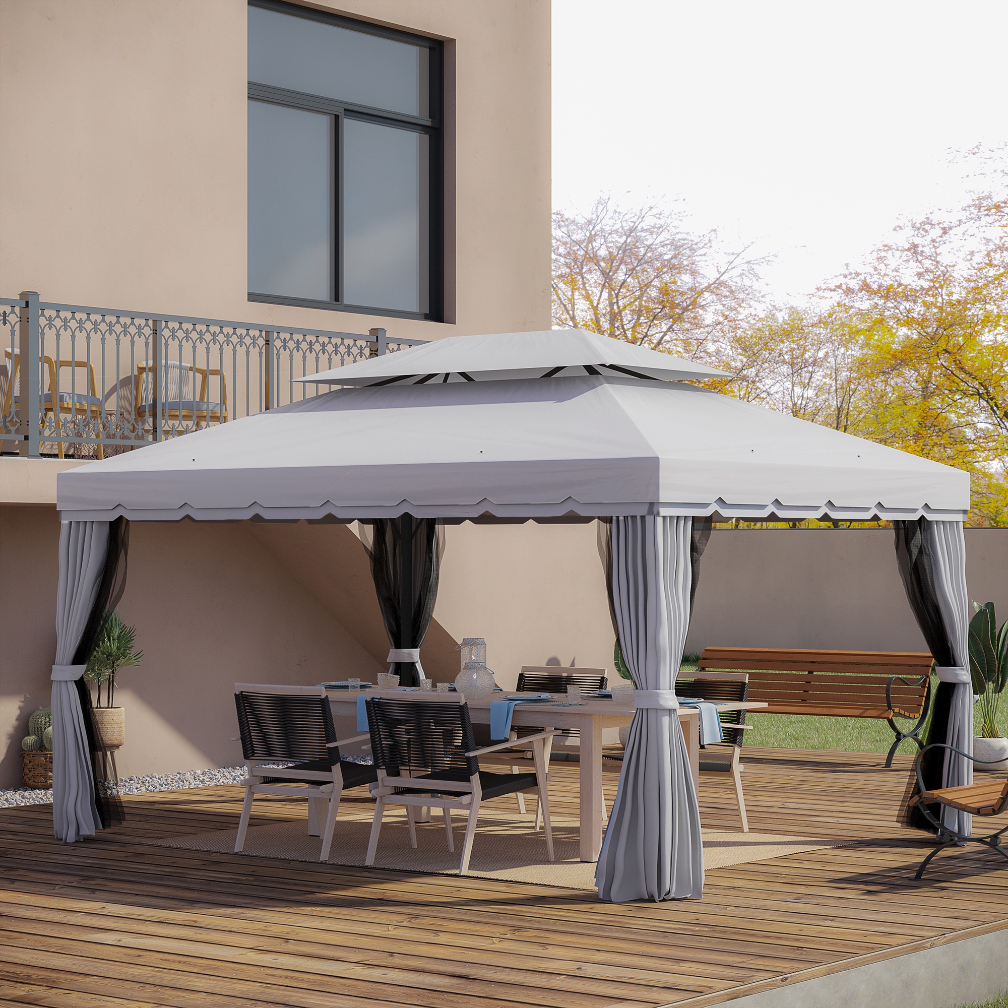 10 x 13 Patio Gazebo, Aluminum Frame Double Roof Outdoor Gazebo Canopy Shelter with Netting & Curtains, Light Gray