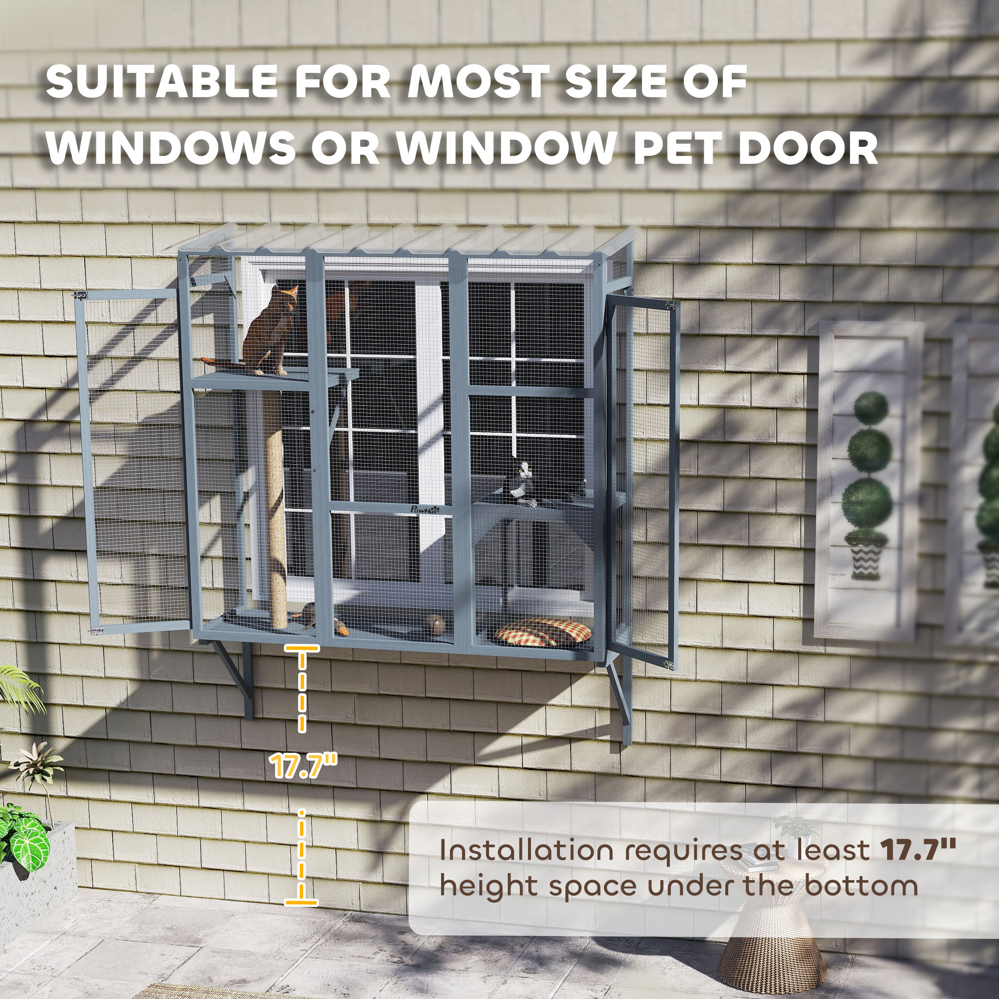  Catio Outdoor, Window Catio for 2-3 Large Indoor Cats w/ 2 Jumping Platforms, Scratching Post, for Playing, Napping