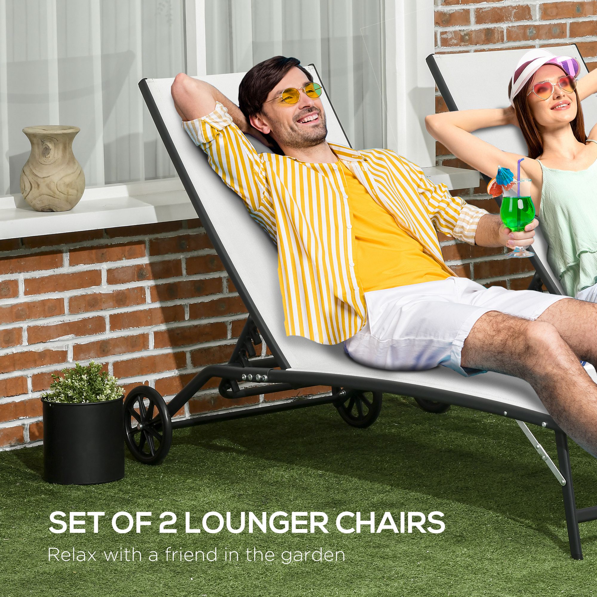 Chaise Lounge Outdoor, 2 Piece Lounge Chair with Wheels, Tanning Chair with 5 Adjustable Positions for Patio, Beach, Yard, Pool, Cream White