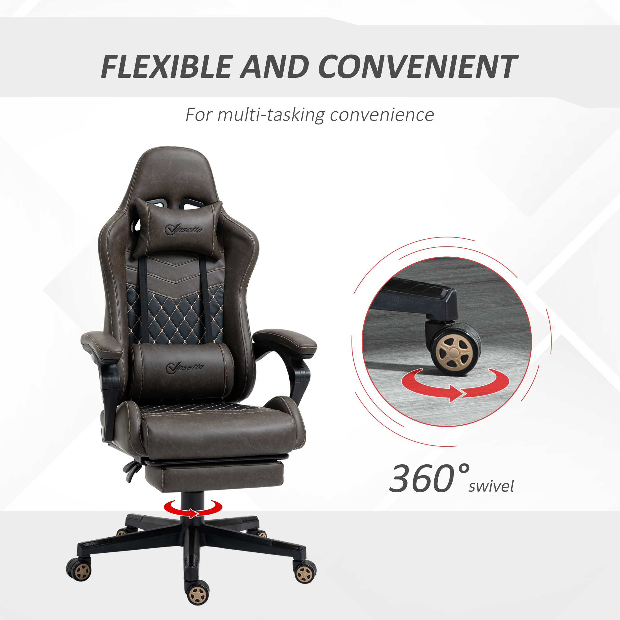 Racing Gaming Chair Diamond PU Leather Office Gamer Chair High Back Swivel Recliner with Footrest, Lumbar Support, Adjustable Height, Brown 3