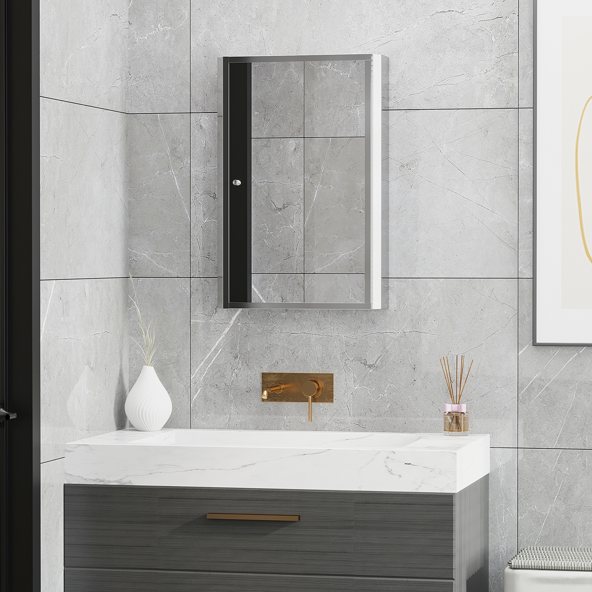  Bathroom Mirrored Cabinet, Vertical 16" x 24" Stainless Steel Frame Medicine Cabinet, Wall-Mounted Storage Organizer with Single Door​