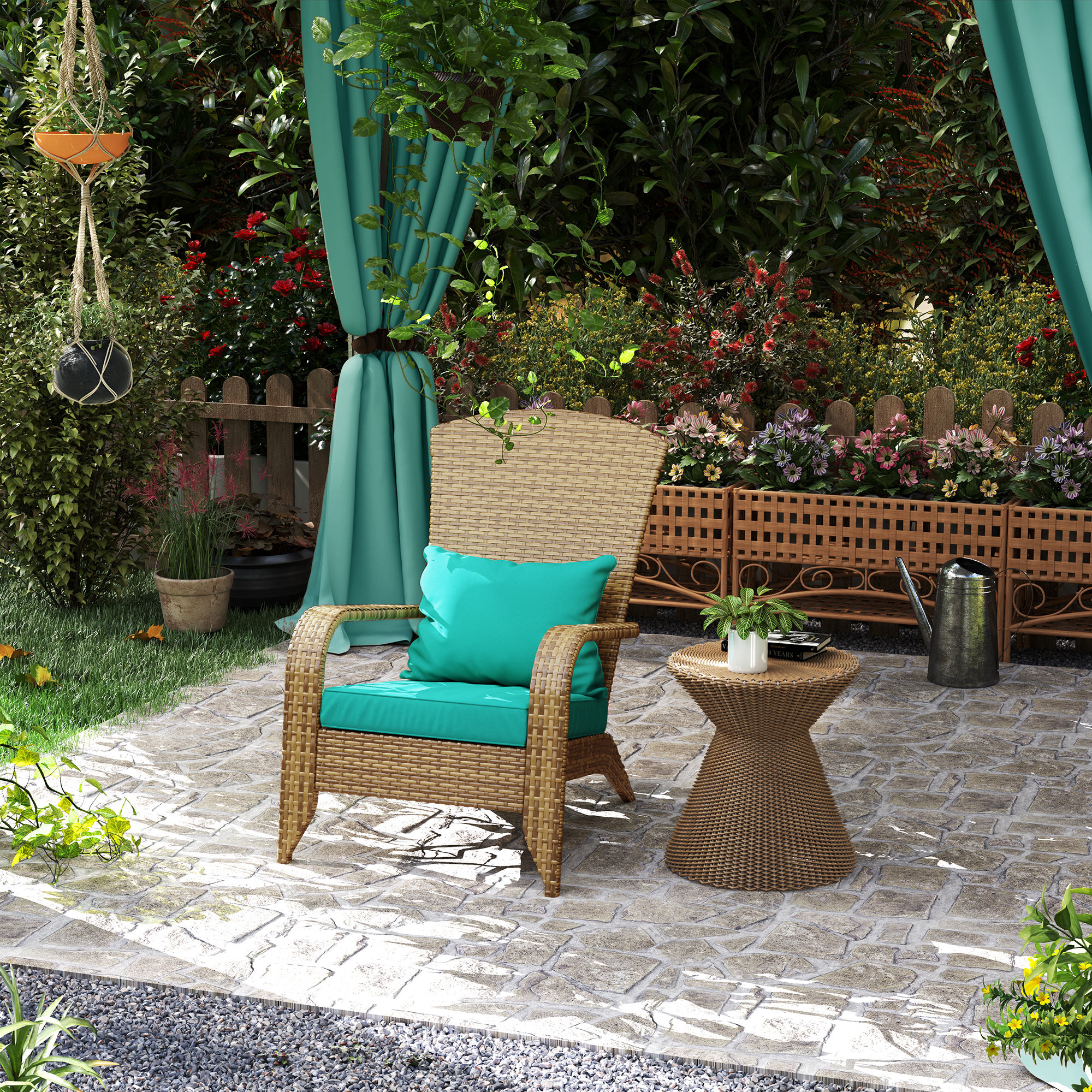 Patio Adirondack Chair with Rattan Wicker, Soft Cushions, Tall Curved Backrest for Deck or Garden, Sky Blue