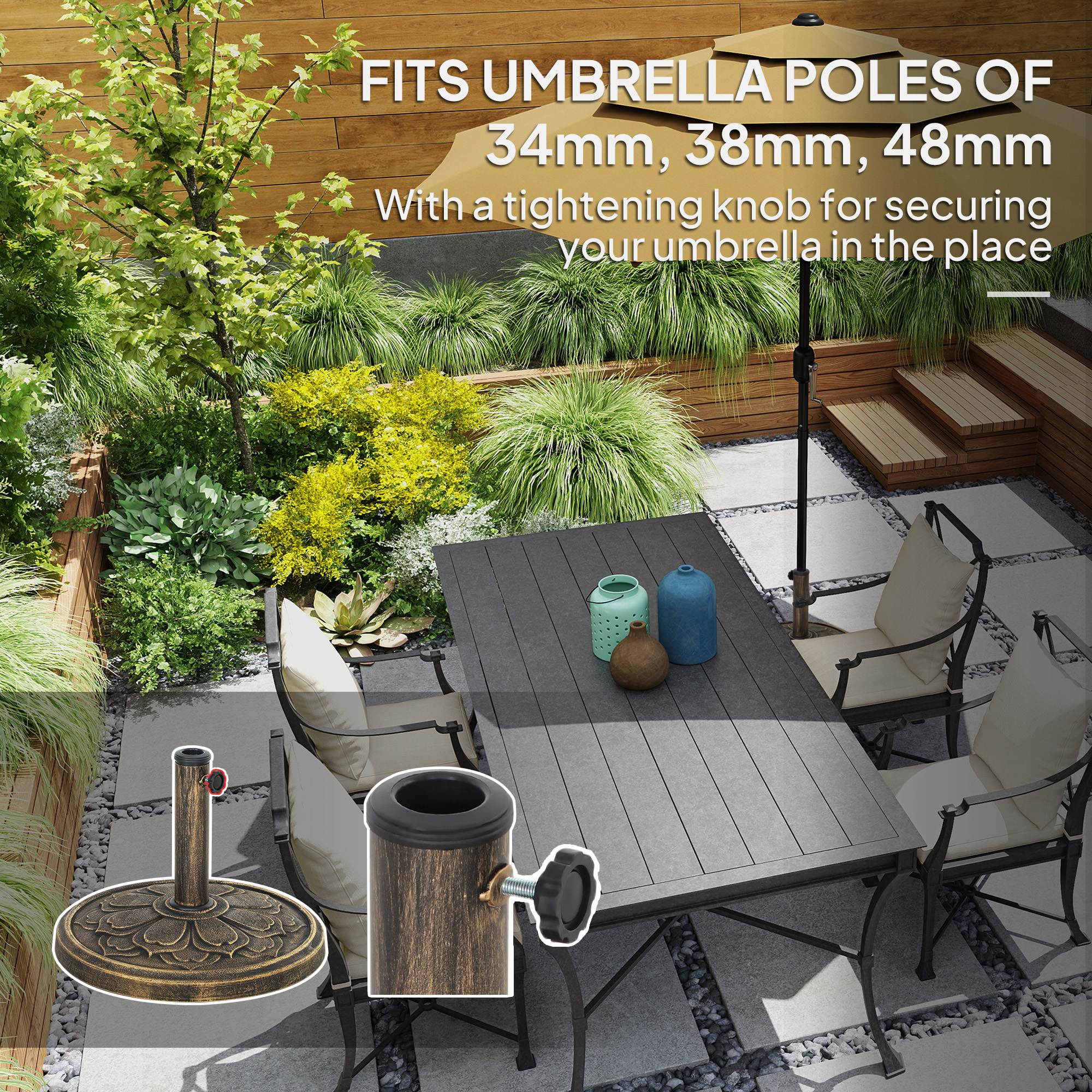 Round Patio Umbrella Base, 26 lbs Resin Outdoor Umbrella Stand Base, Patio Umbrella Stand for 1.3″/1.5″/1.9″ Umbrella Poles for Outdoor, Lawn, Poolside, Bronze
