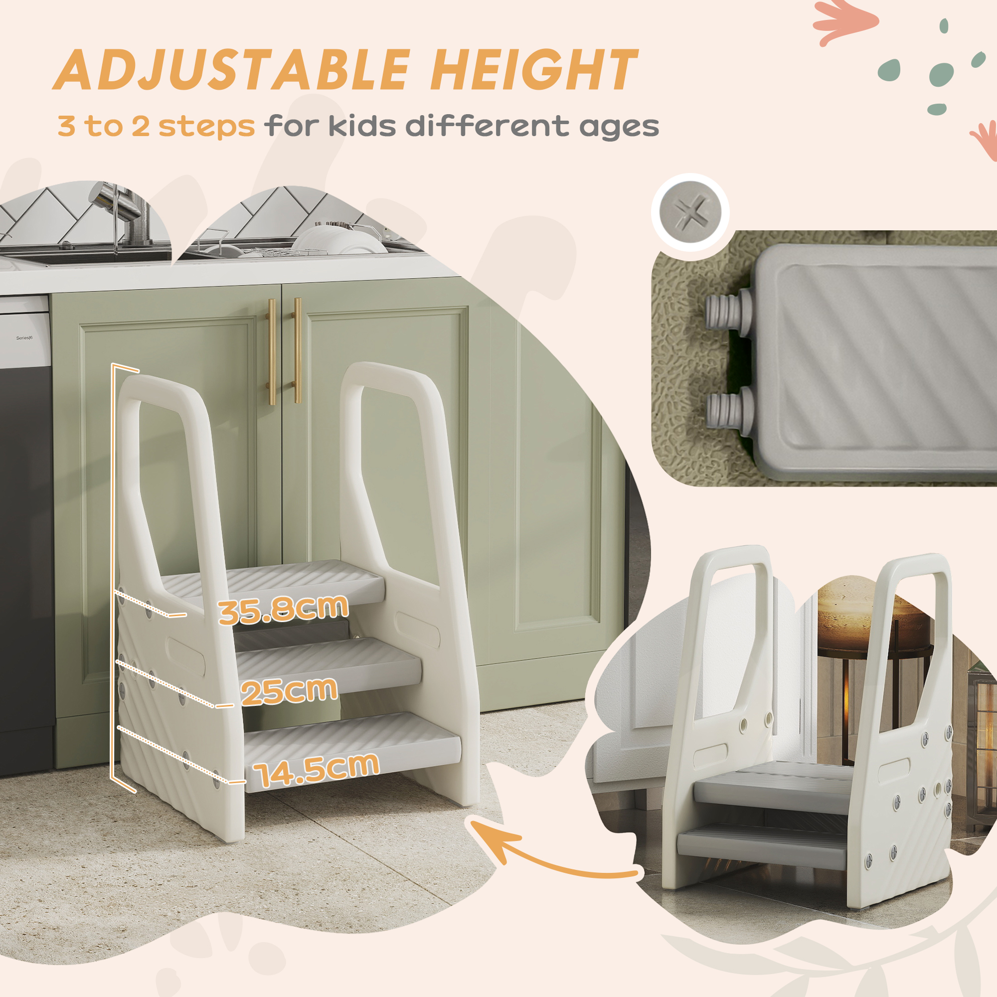 Adjustable 3 Step Toddler Tower With Handles, Non-slip Surface And Foot Pads — image 3