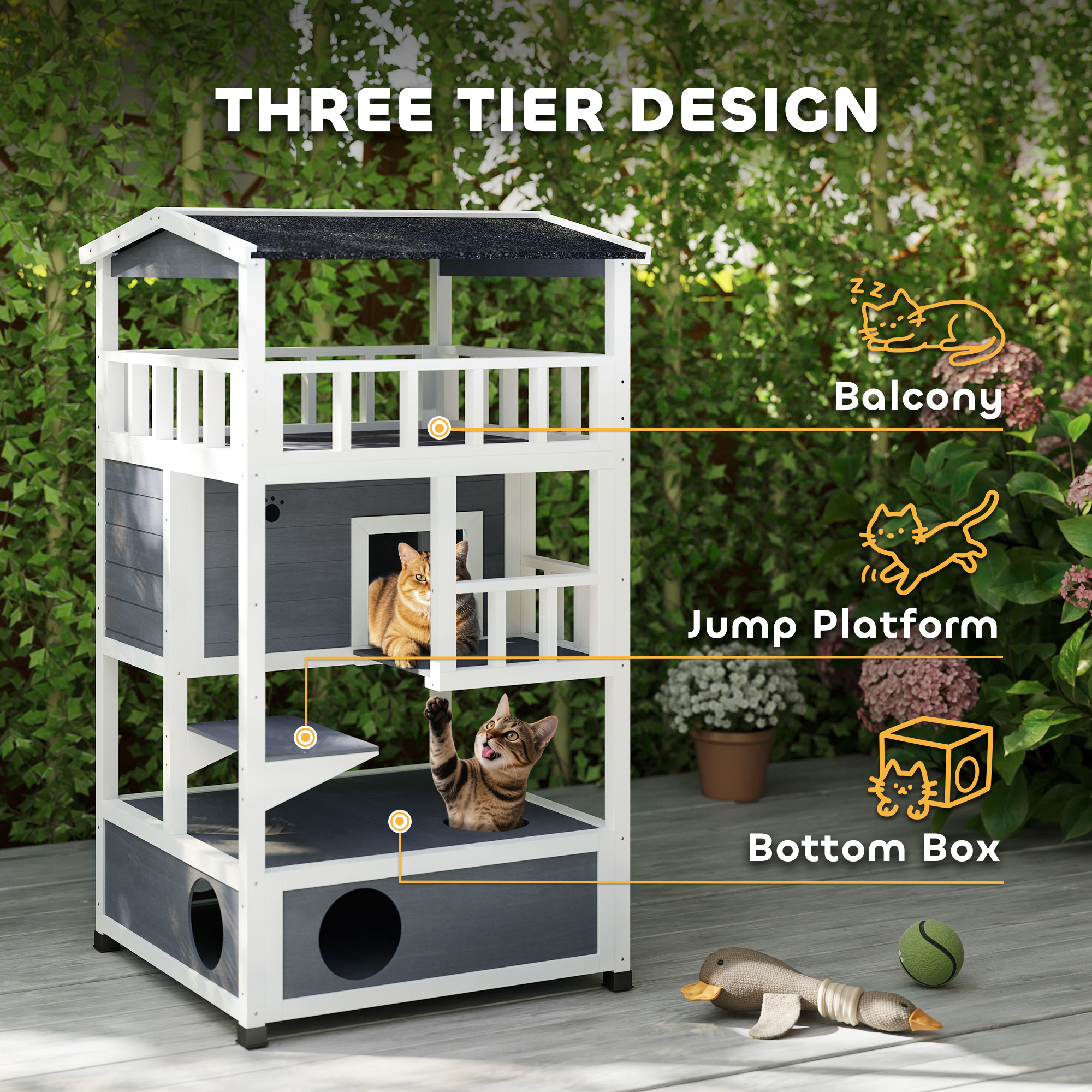  Wooden Outdoor Cat House, Feral Cat Shelter Kitten Condo with Asphalt Roof, Escape Doors, Condo, Jumping Platform, Gray