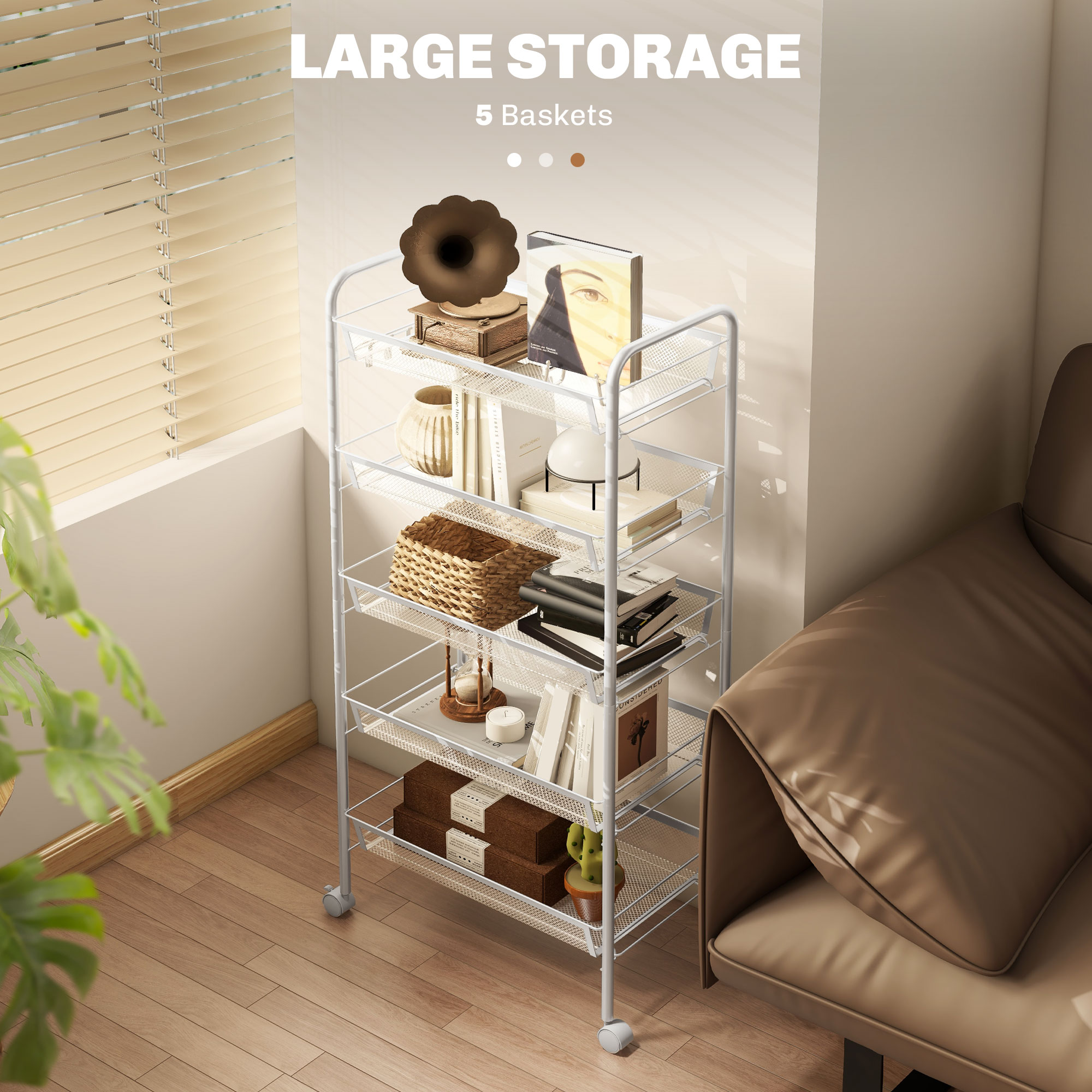 Five-Steel Mesh Basket Storage Trolley, With Wheels - White — image 5