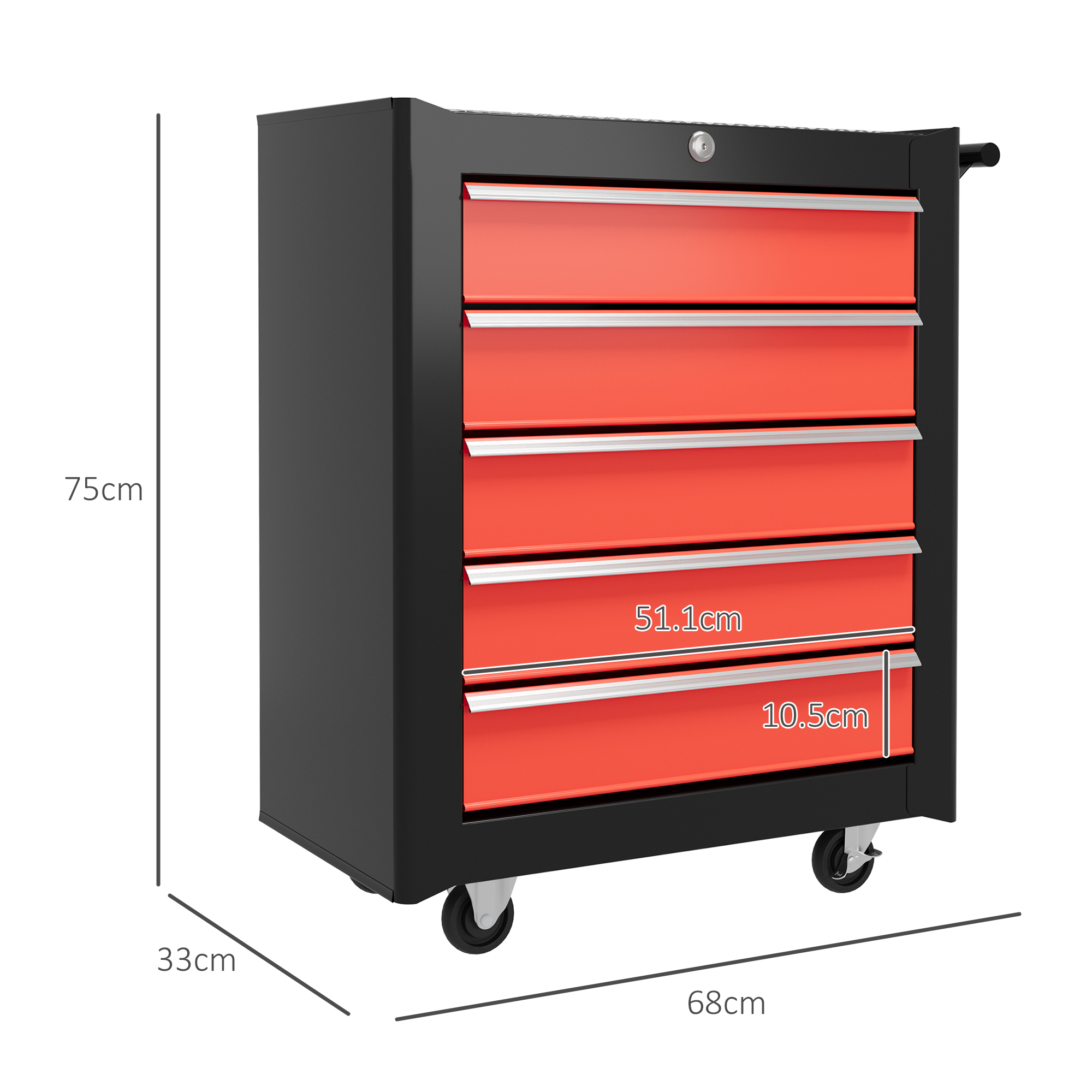 5-Drawer Tool Chest With Wheels, Steel Lockable Storage Cabinet Handle, 2 Keys — image 5