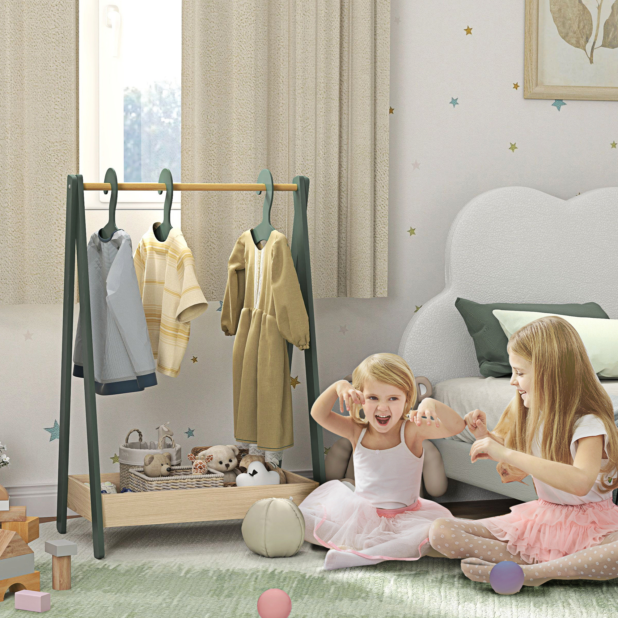 Kids Clothes Rail With 3Hangers, Bottom Storage Shelf For Girls, Boys, Nursery