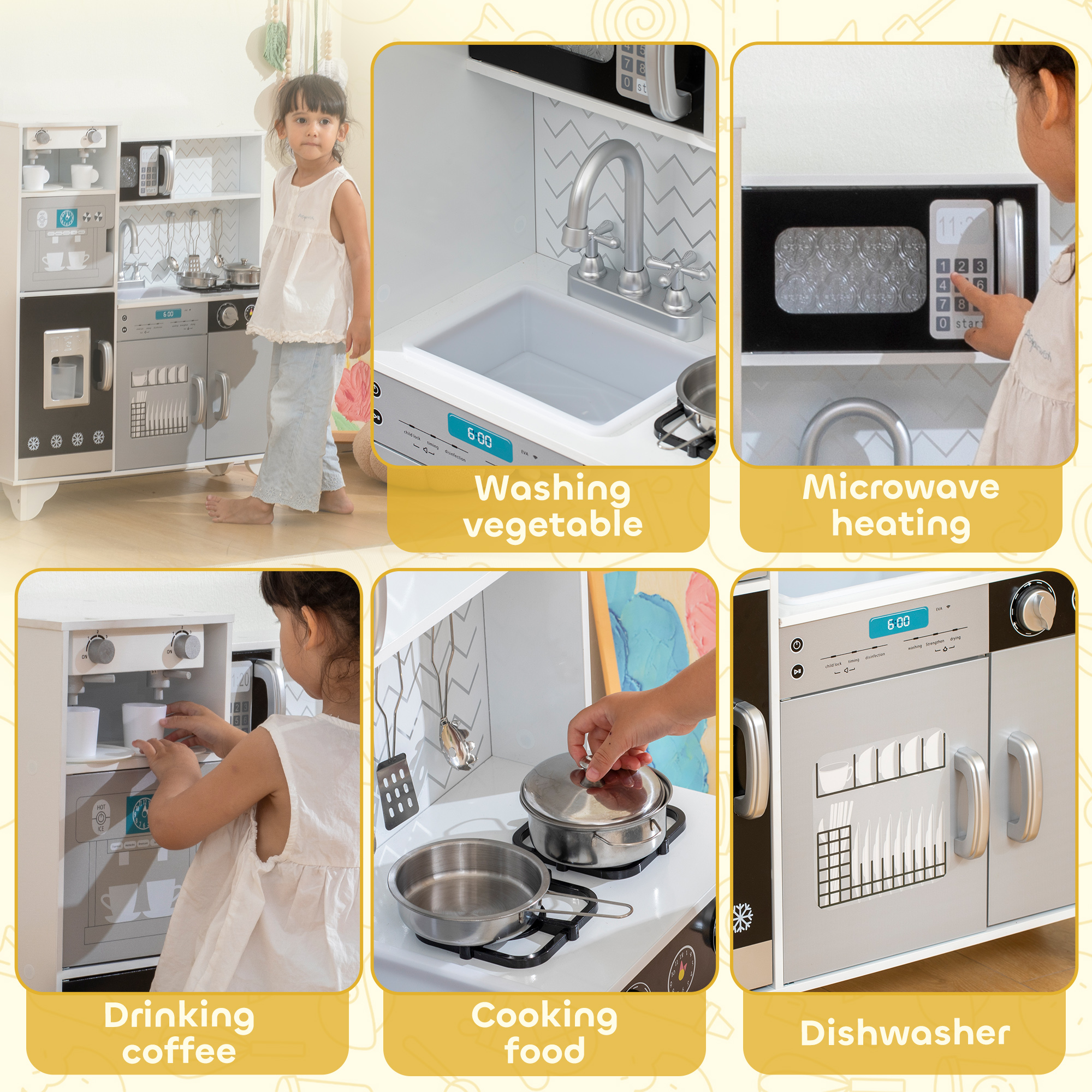 Kids Play Kitchen With Sound, Ice/Coffee Maker, Utensils, Microwave, Stainless — image 2