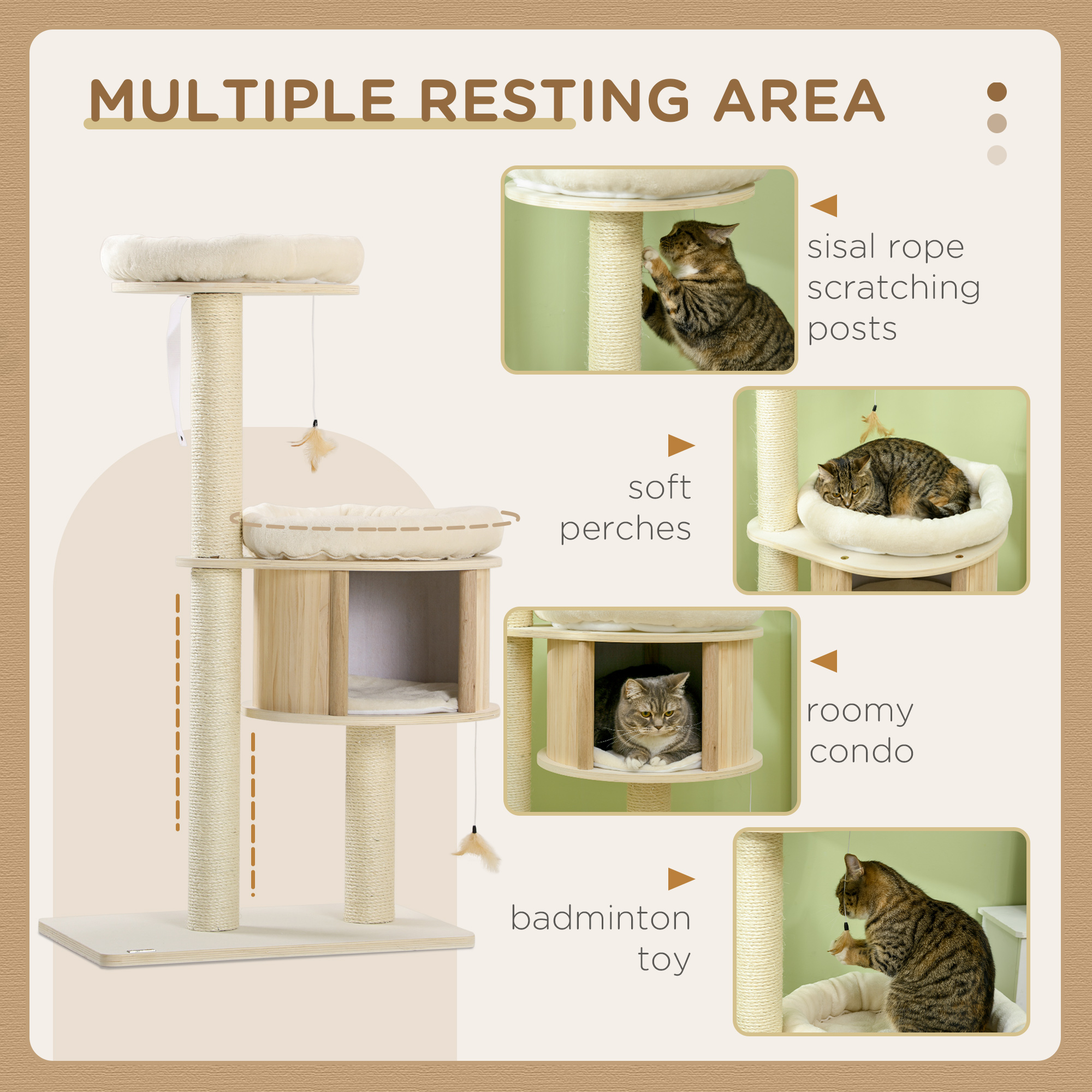  Cat Tree, 3 Level Cat Tower with Scratching Posts, Bed, Condo, Badminton Toys, for Multiple Kittens