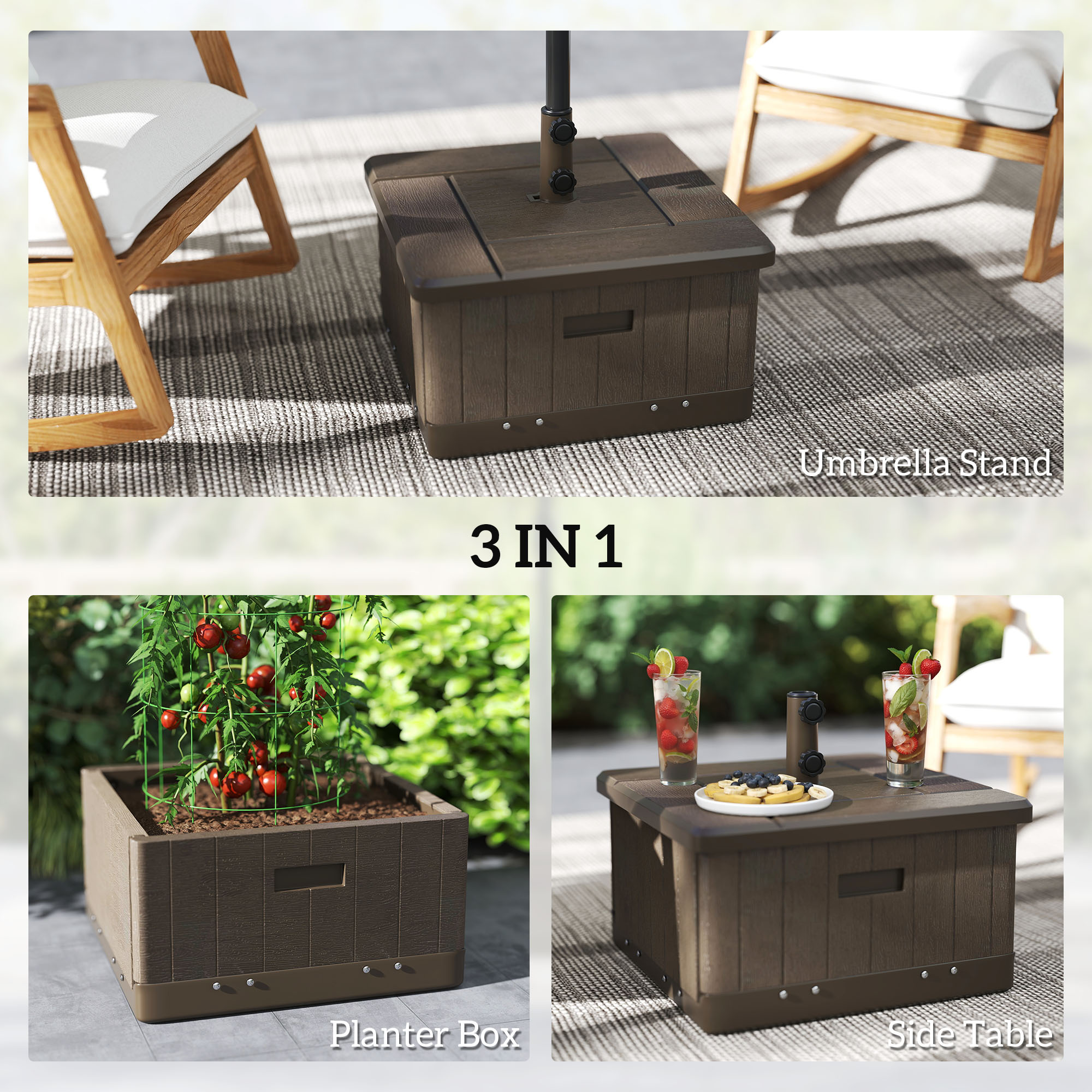 3-in-1 Outdoor Umbrella Base with Wheels and Handles, End Table, Flower Box Planter with Hole, 175 lbs. Capacity, Brown - Image 2
