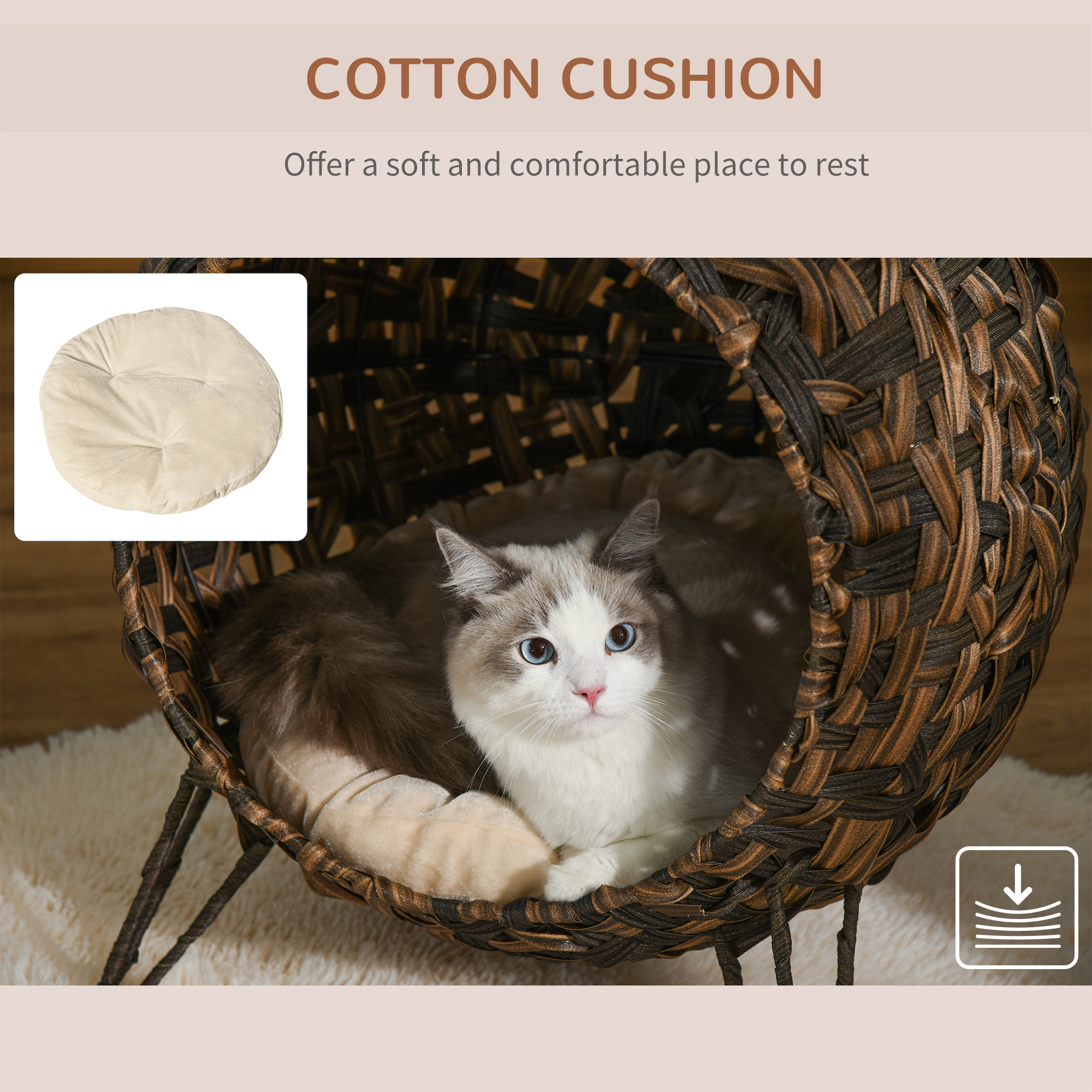  20.5" Weaved Cat Bed, Elevated Hand-woven Braided Banana Leaf Kitten House Condo with Cushion, Brown