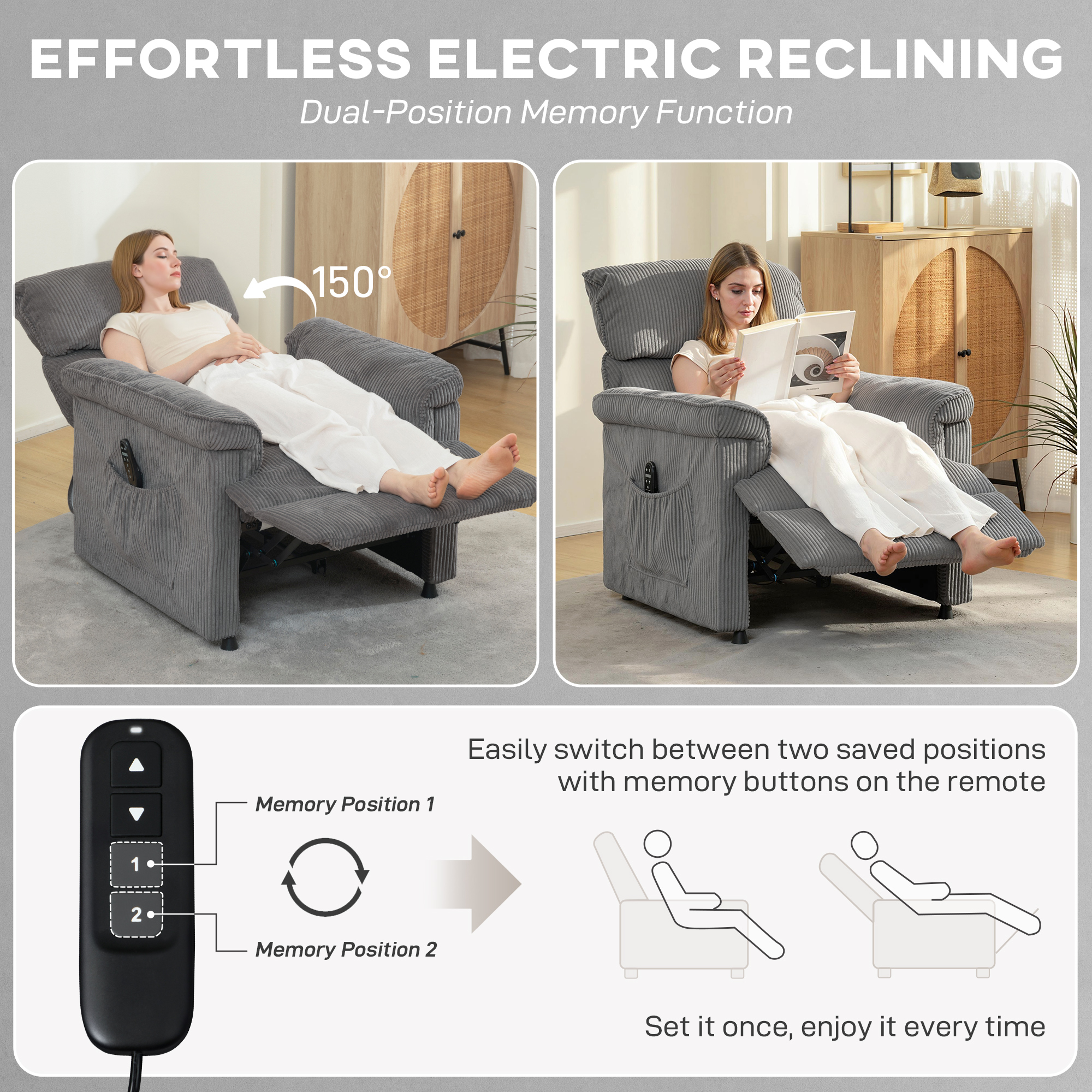 Corduroy Electric Massage Recliner - Grey — image 5