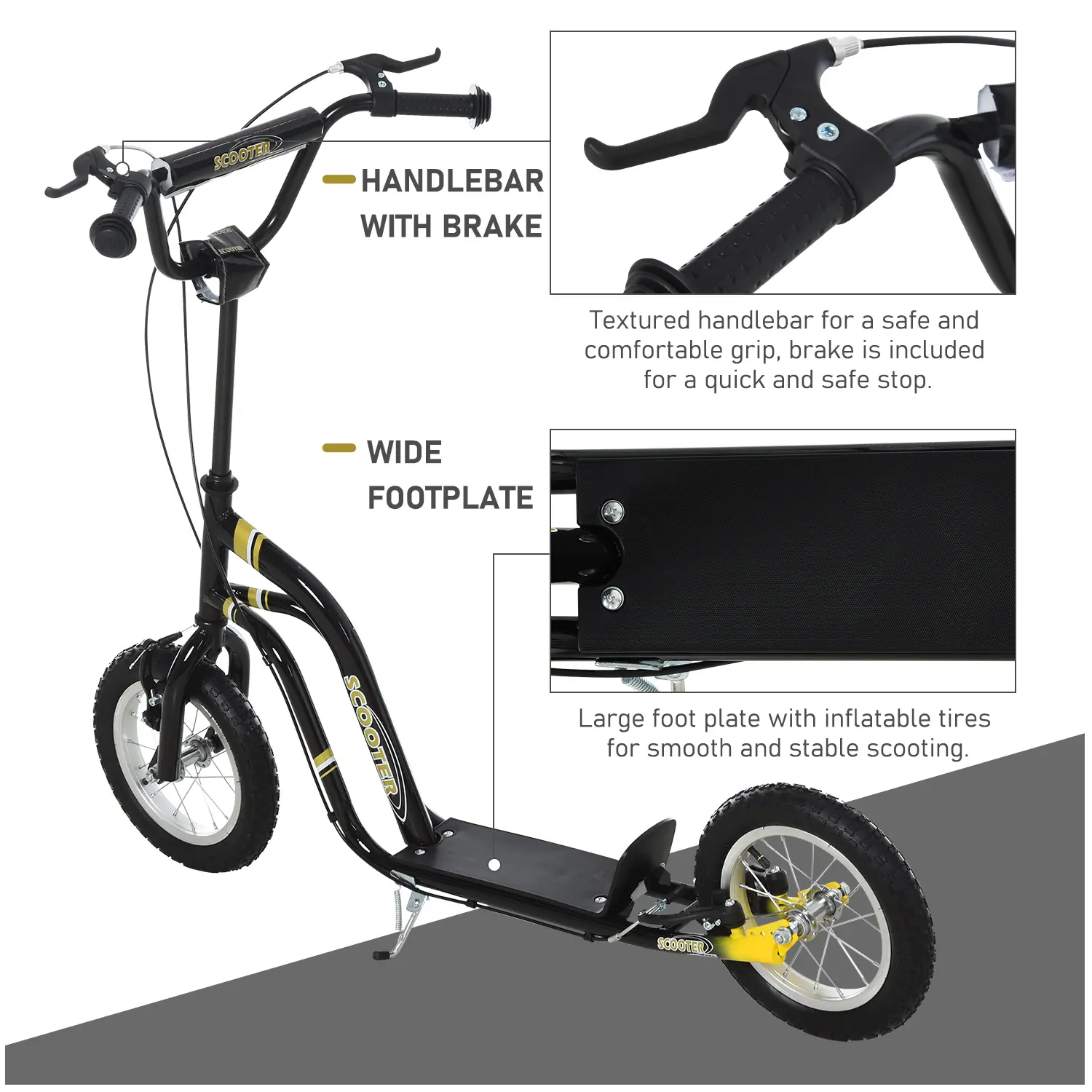 Youth Scooter Front and Rear Caliper Dual Brakes 12-Inch Inflatable Front Wheel Ride On Toy For Age 5+ - Black