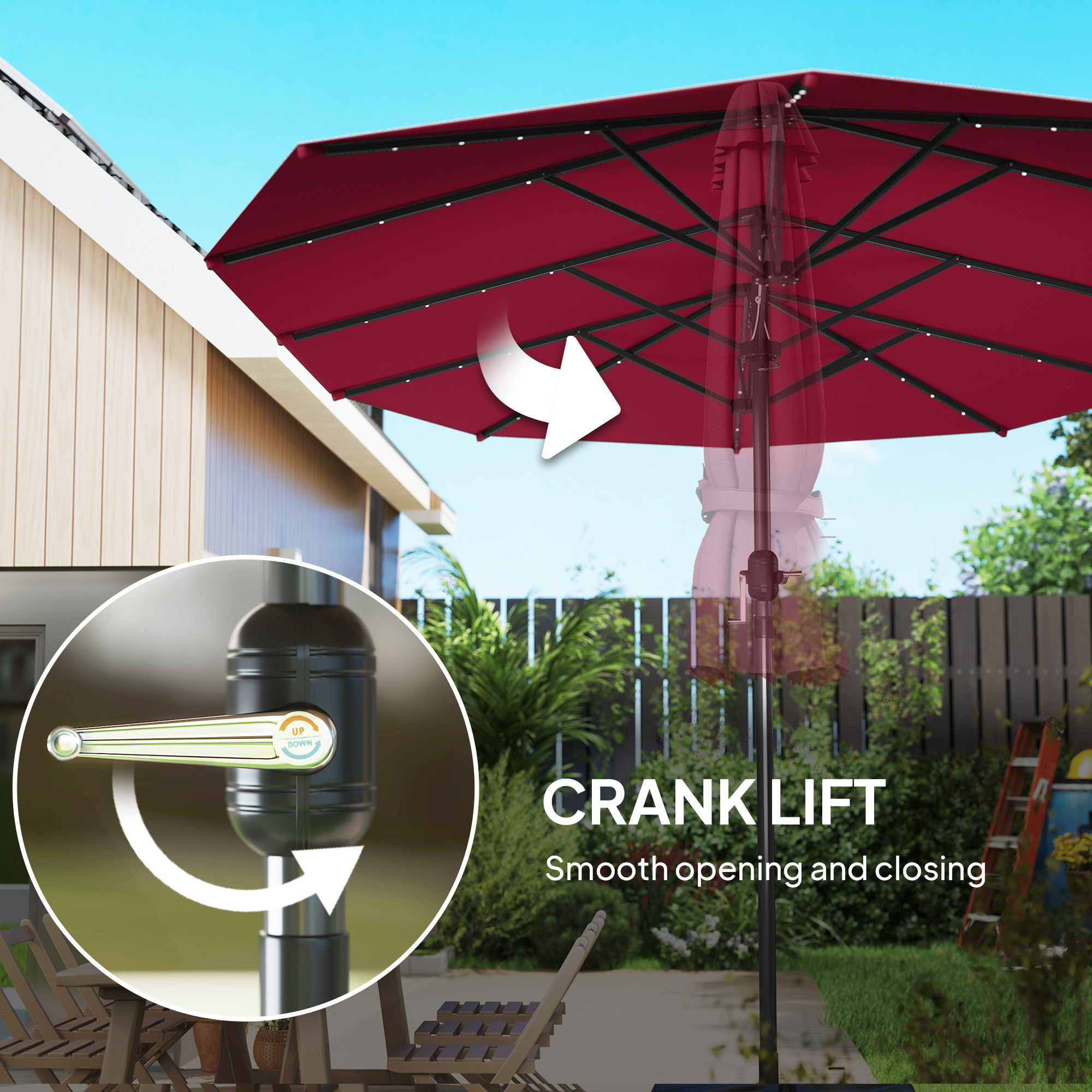 Garden Parasol, Double-Sided Sun Umbrella with LED Solar Lights, Patio Parasol for Outdoor, Wine Red - 8