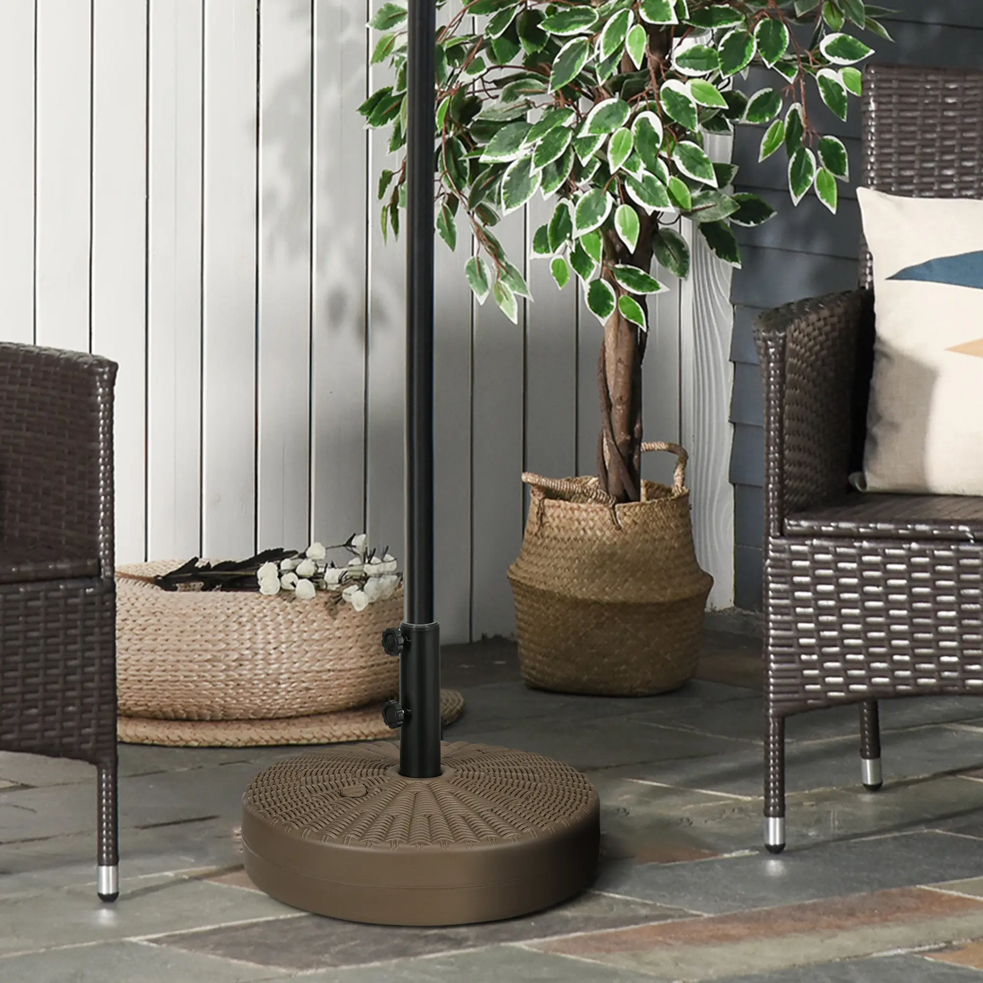 Umbrella Stand for 1.5" or 2" Umbrella Poles, Round Fillable Umbrella Base for Outdoor, Lawn, Deck, Brown
