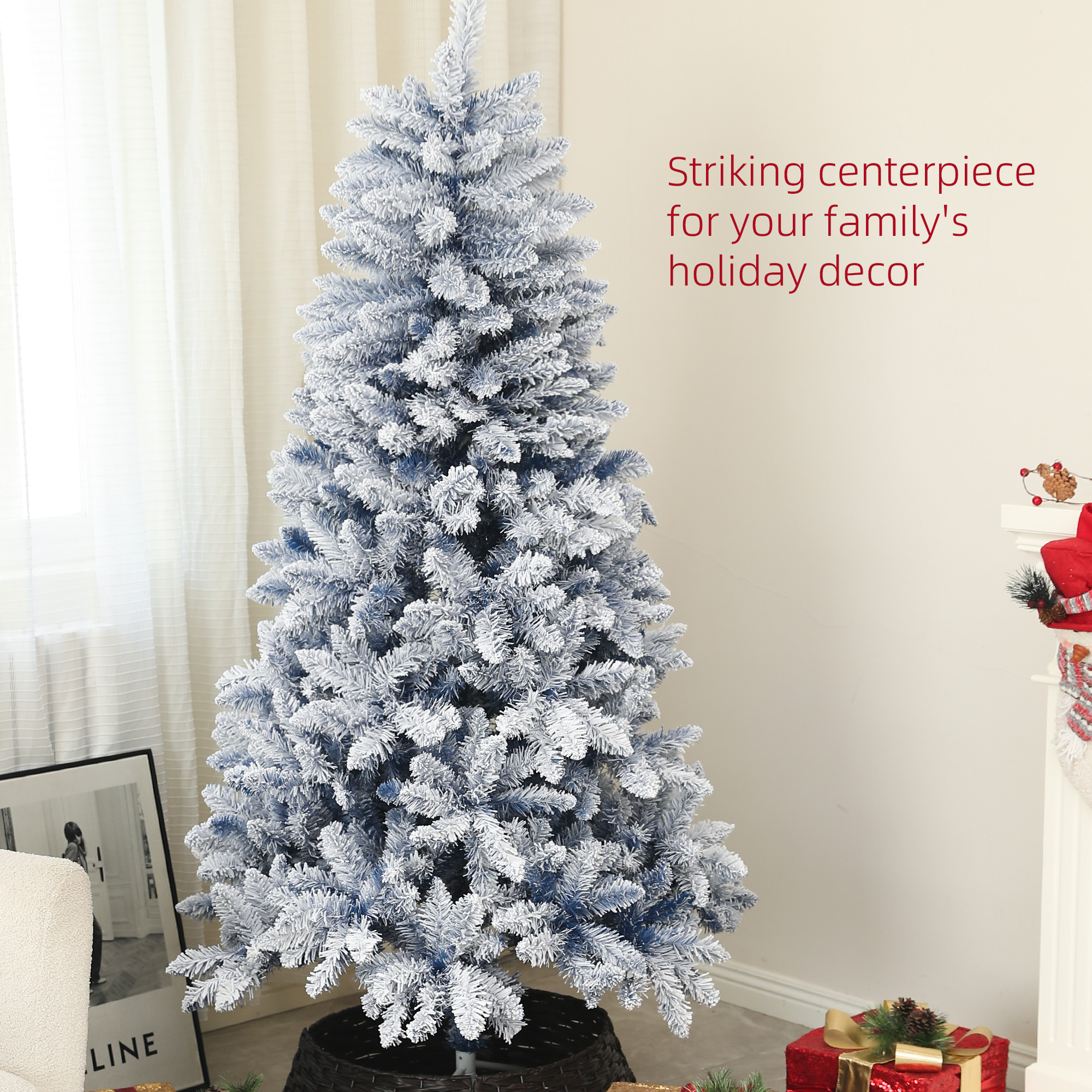 6ft Flocked Artificial Christmas Tree With 700 Snow Frosted Tips, Metal Stand — image 5
