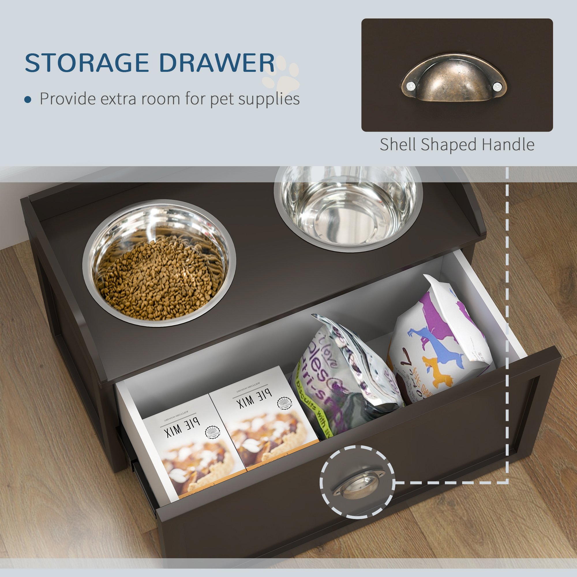  Pet Feeding Station Pet Dish Bowl Set with Storage, 2 Elevated Dog Bowls for Large Sized Dogs, Coffee