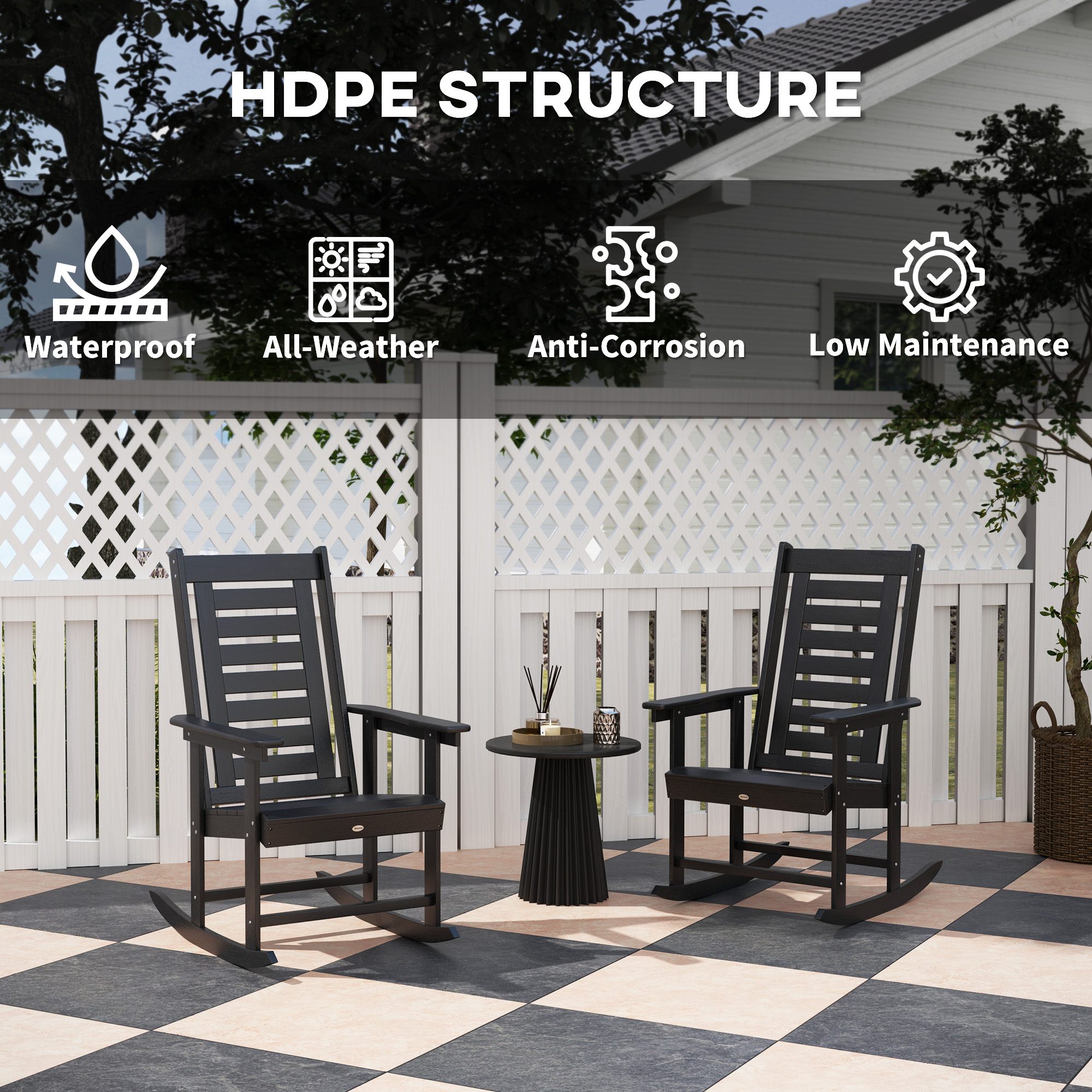 2 Pieces Outdoor Rocking Chairs, HDPE Patio Rockers with 28″ High Back, Wide Armrests for Porch Backyard, Black