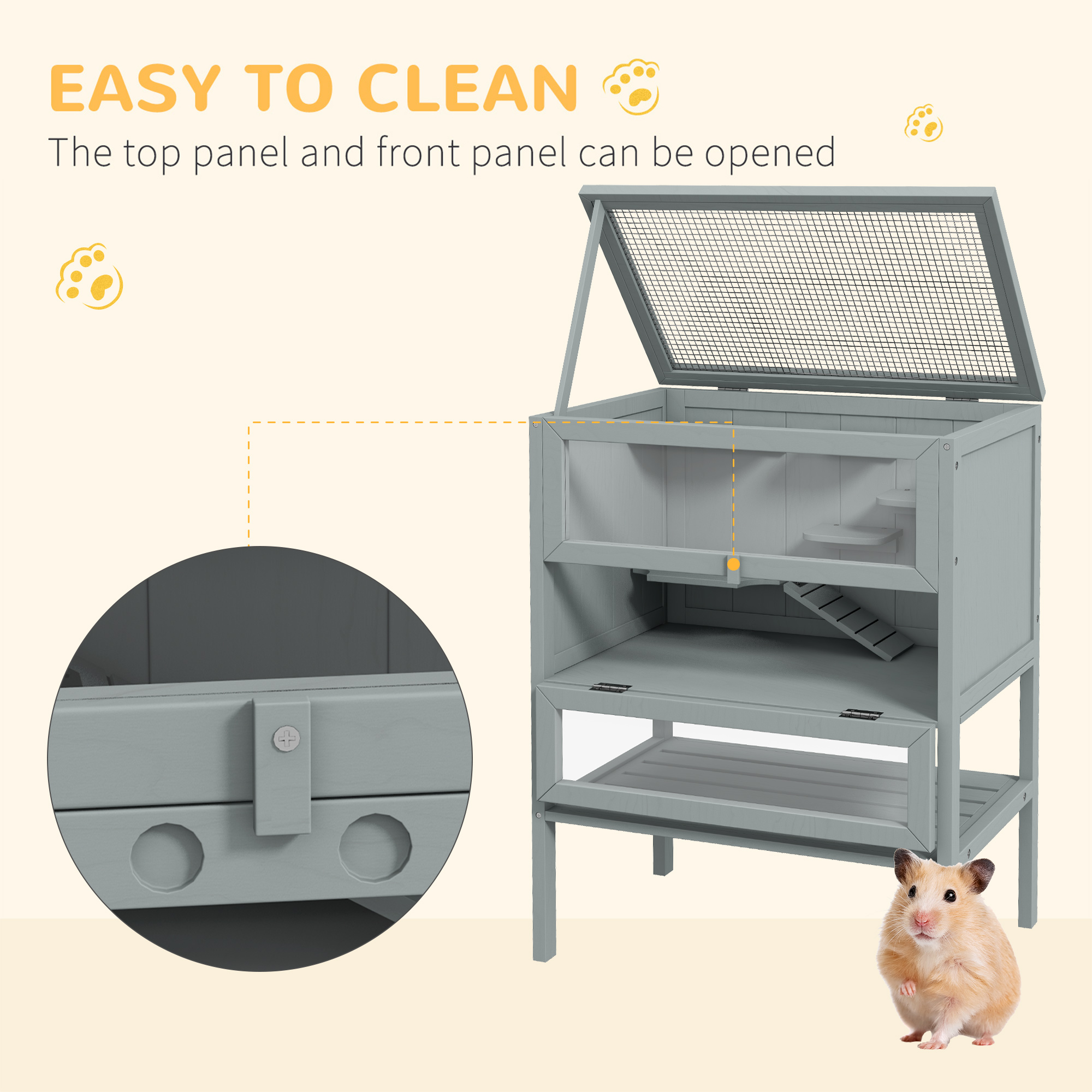  3-Tier Wooden Hamster Cage Mice and Rat Cage Small Animals Hutch with Openable Top, Front Door, Storage Shelf, Gray