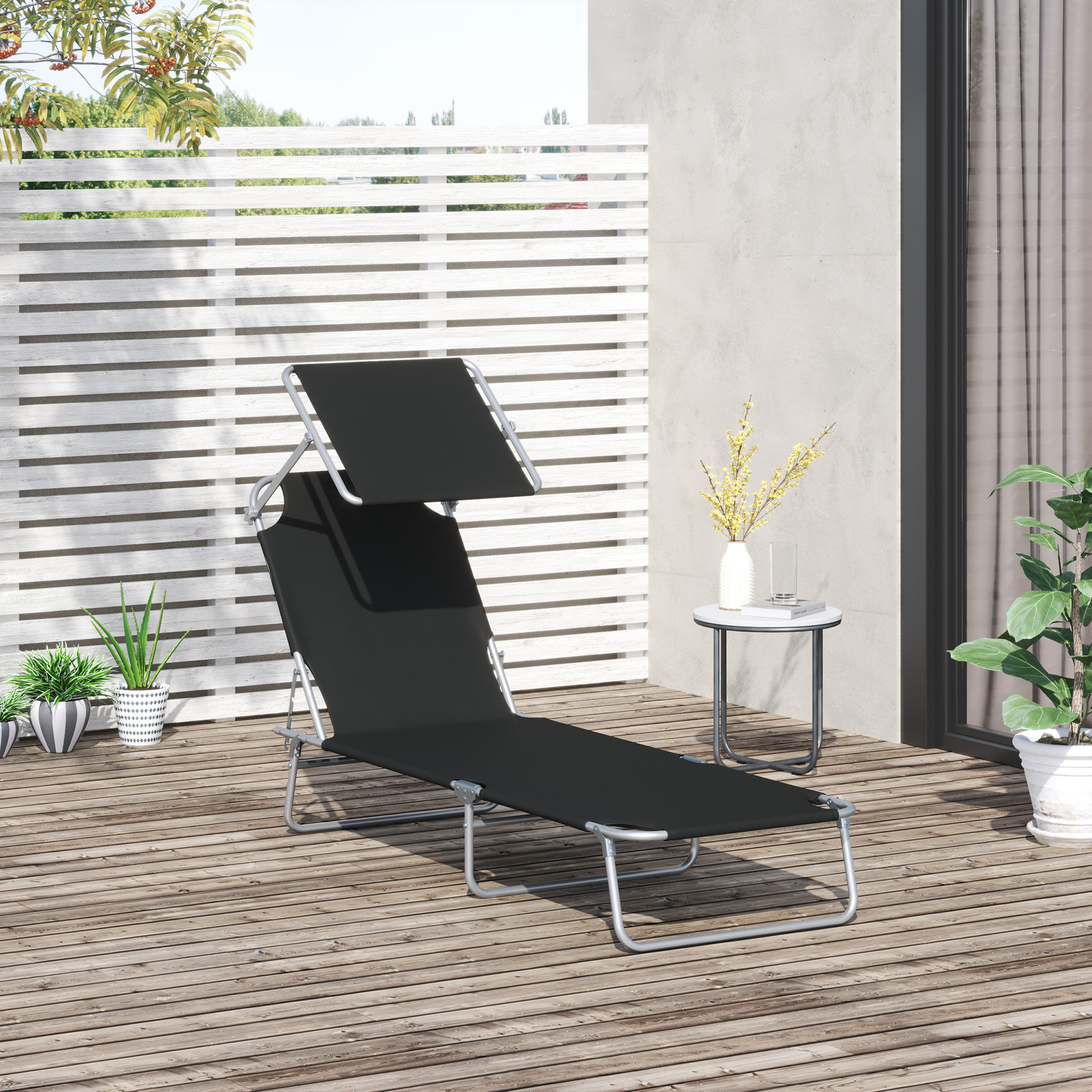 Outdoor Pool Chaise Lounge Chair, Folding Tanning Chair with Sun Shade, Black