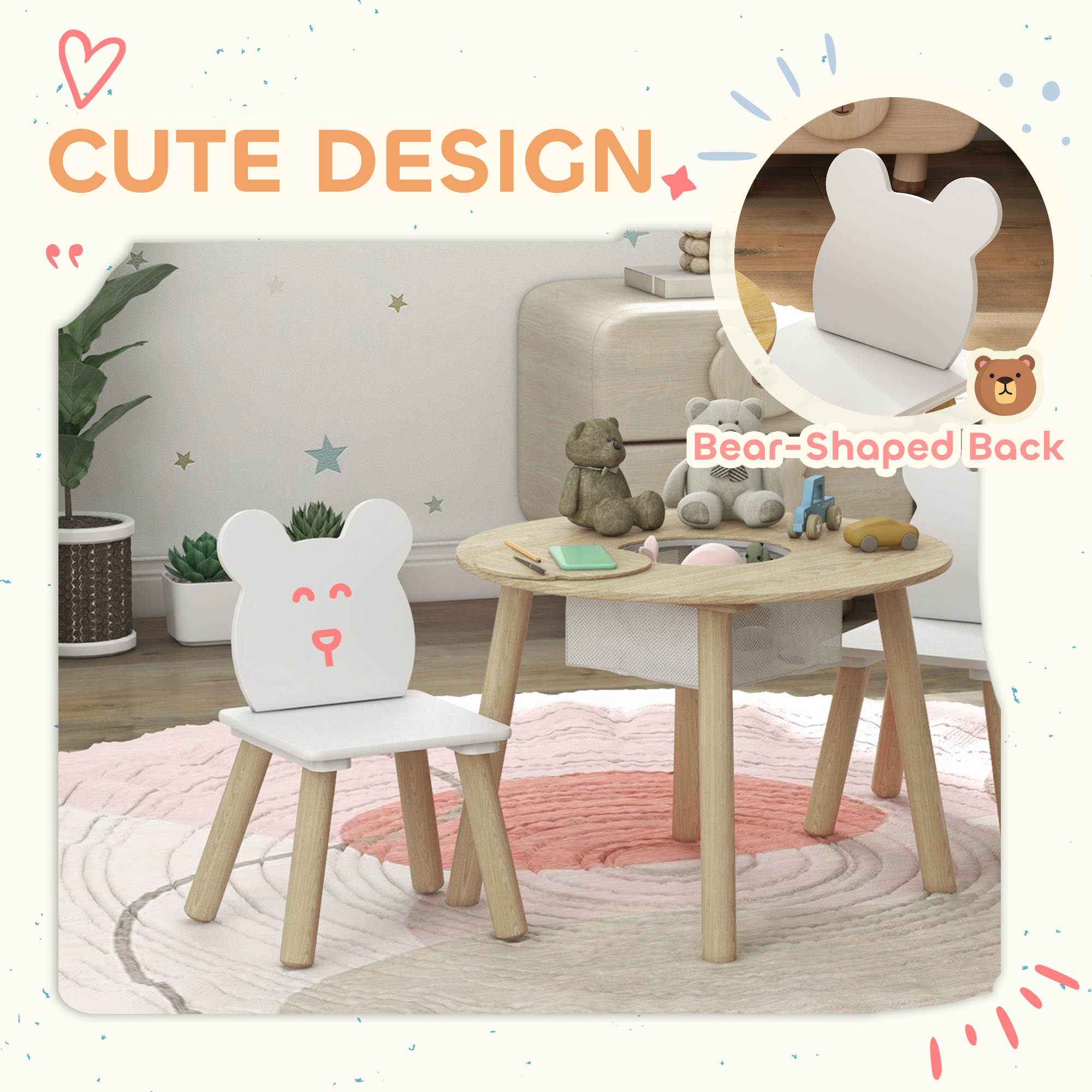 3-Piece Kids Activity Table Set With Centre Mesh Bag, Bear-Shaped Backrest — image 5