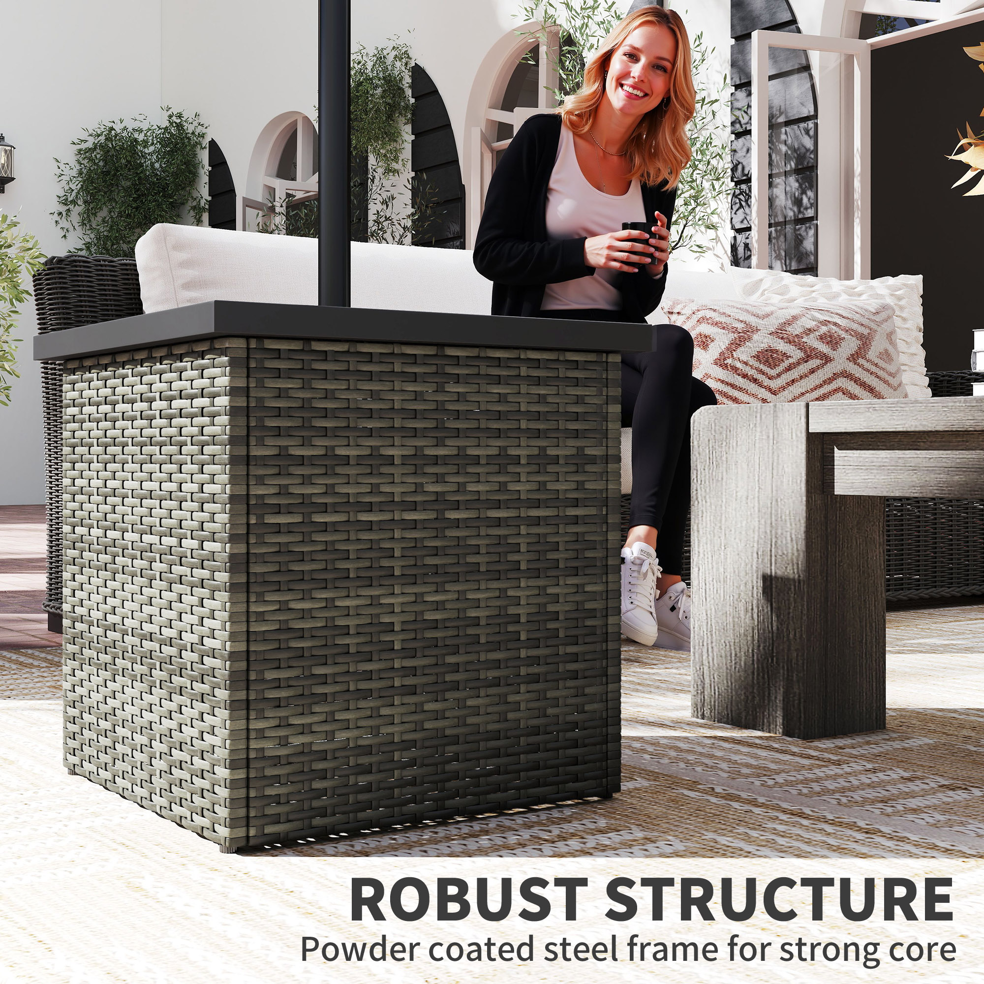  Wicker Side Table with 1.5" Umbrella Hole, Square Outdoor End Table with UV-Resistant Frame, Storage Space, Mixed-Gray