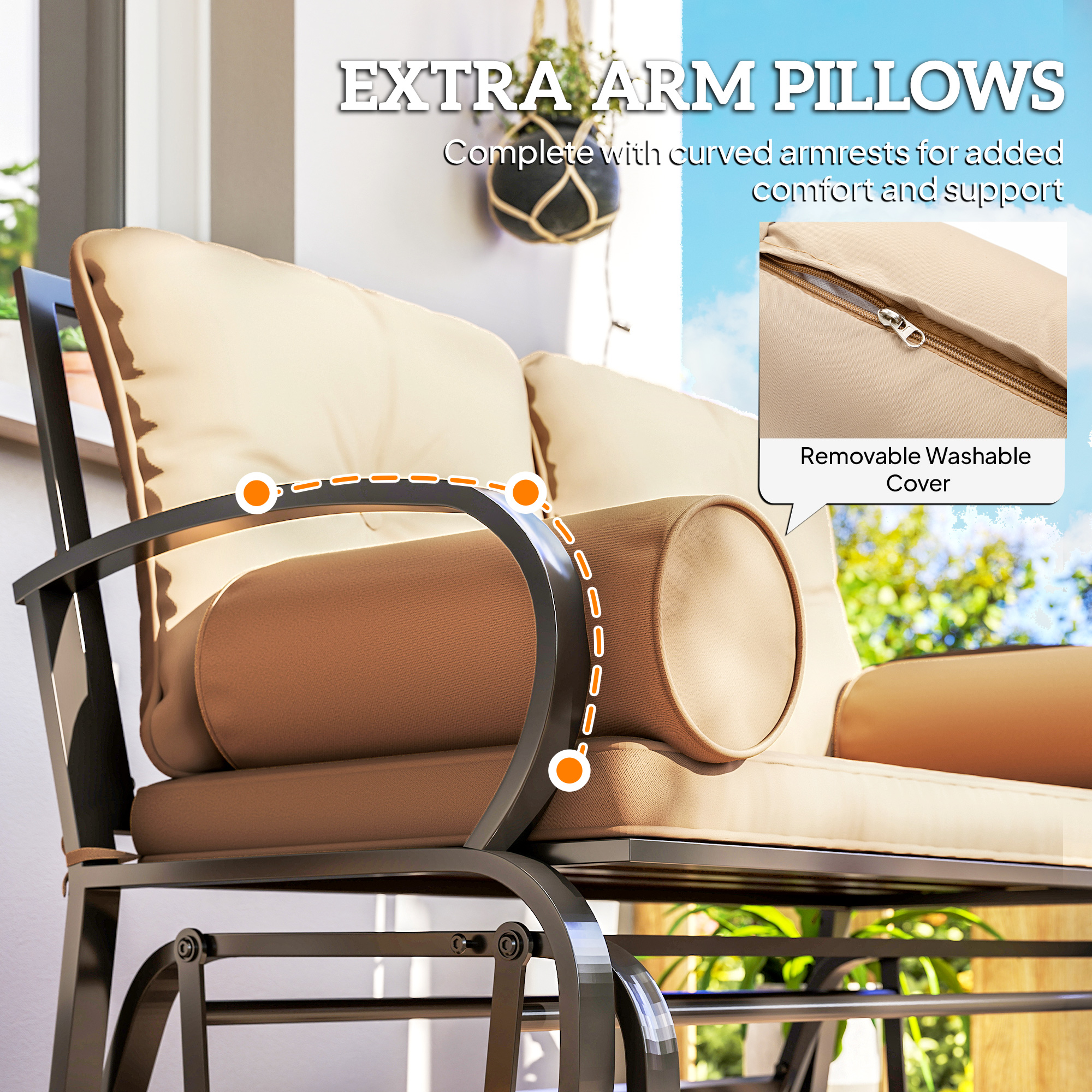  Swing Glider Rocking Chair, Double Patio Bench, 2 Person Loveseat with Steel Frame, Cushions, Pillow Armrests, Khaki