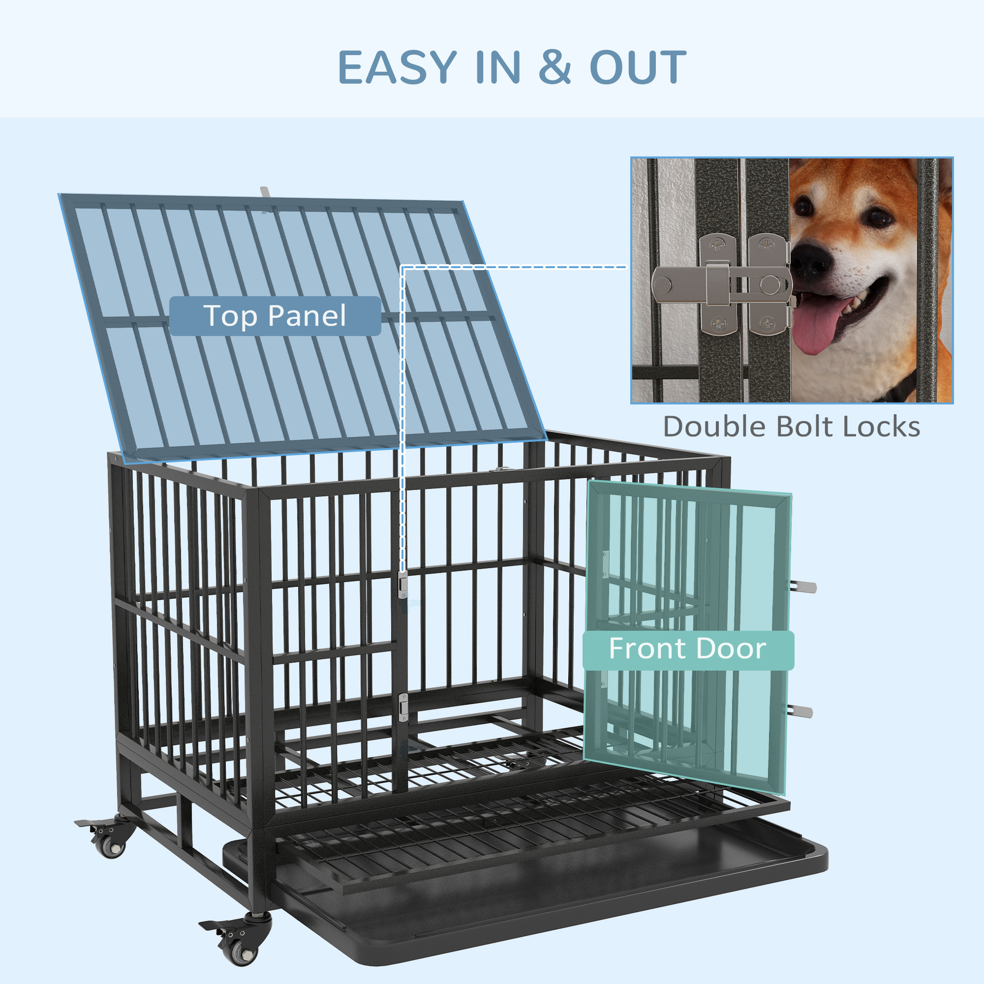  36" Heavy Duty Dog Crate Metal Cage Kennel with Lockable Wheels, Double Door and Removable Tray, Gray