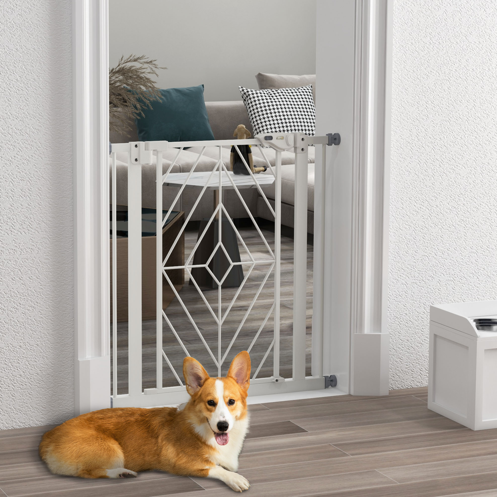PawHut Pressure Fit Stair Gate, Dog Gate, With Auto Closing Door, Double Locking, Easy Installation, Openings 74-80cm - White