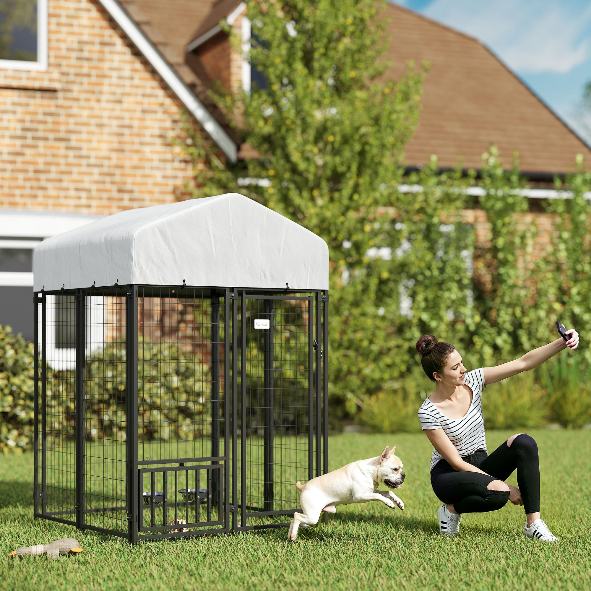  Welded Wire Outdoor Dog Kennel with 360° Rotating & 4 Levels Adjustable Bowls, Waterproof Cover, 3.9' x 3.9' x 6'