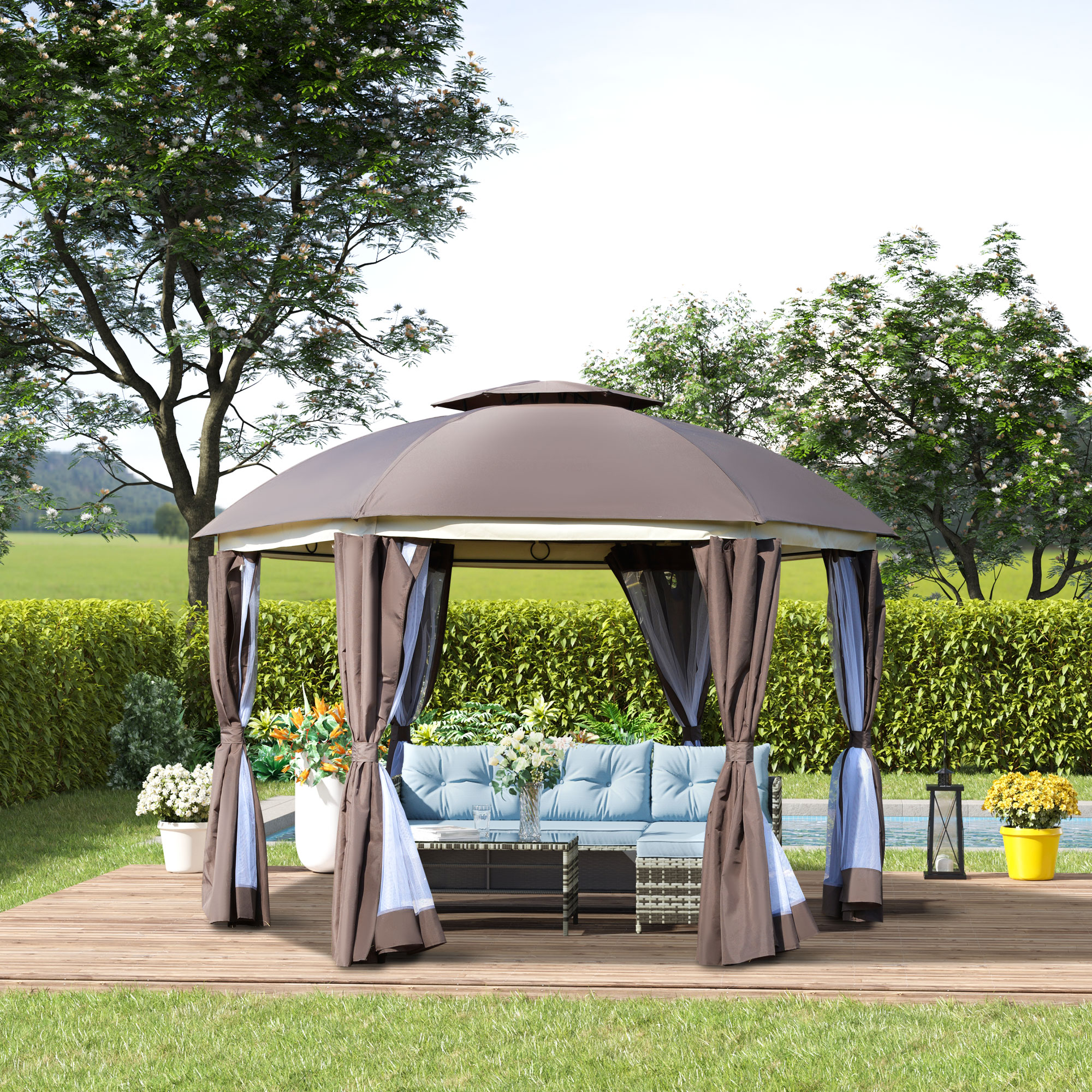 12 x 12 Round Outdoor Gazebo, Patio Dome Gazebo Canopy Shelter with Double Roof, Netting Sidewalls and Curtains, Zippered Doors, Strong Steel Frame, Brown