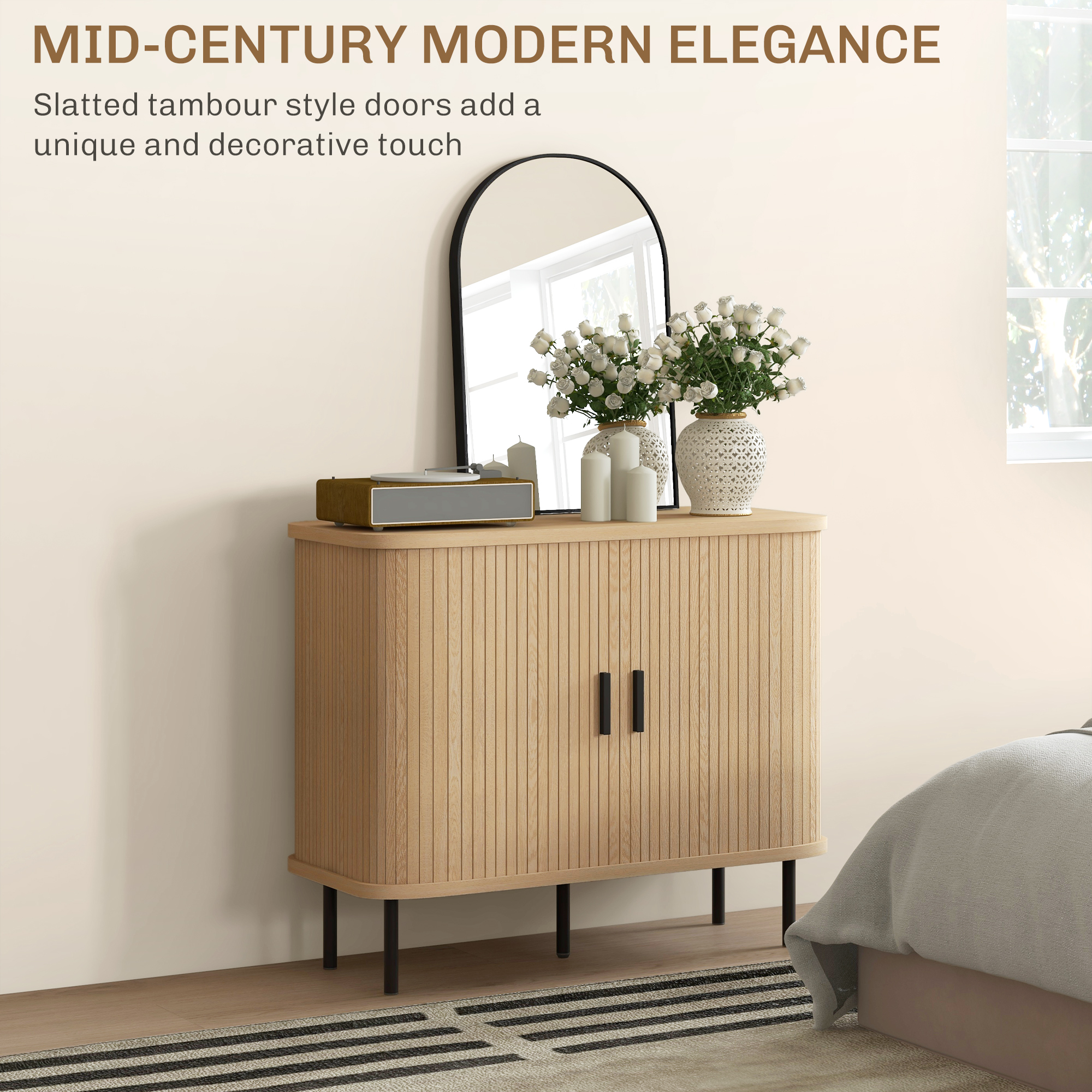 Mid-Century Modern Sideboard Storage Cabinet With Slatted Tambour Sliding — image 2