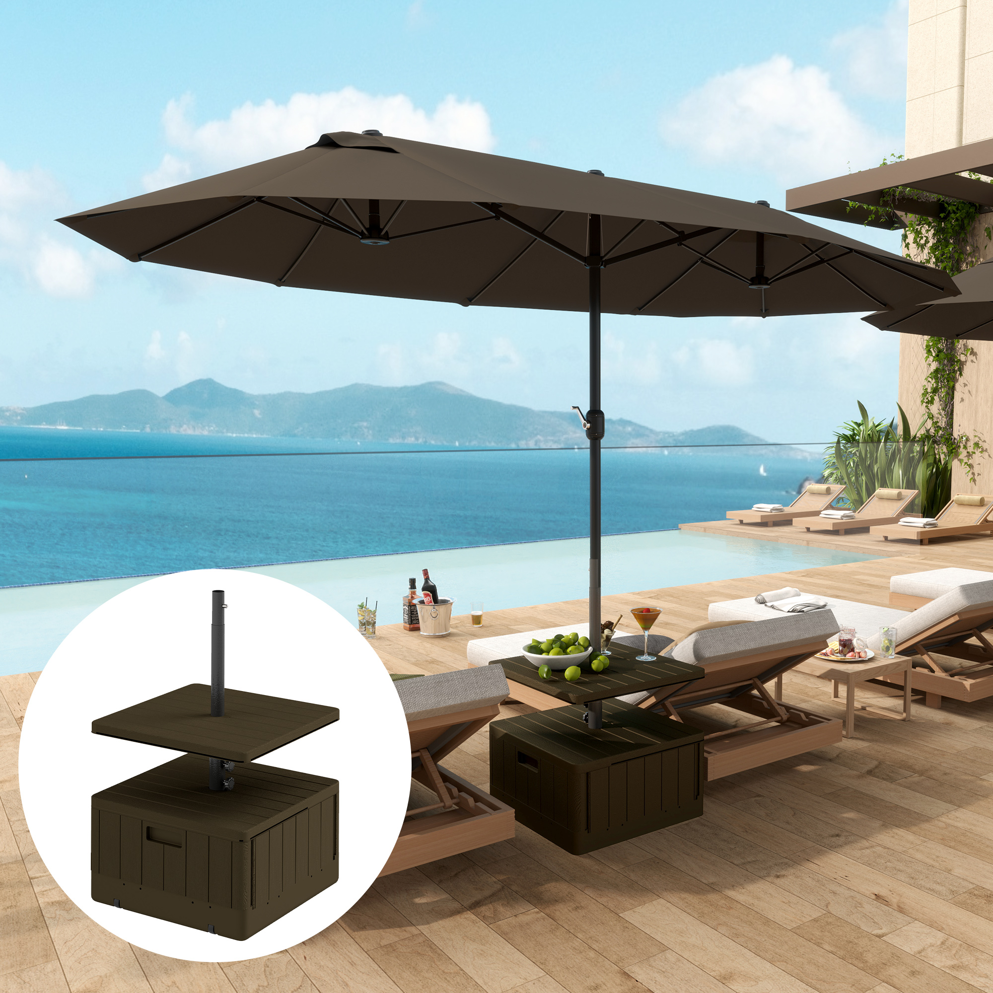 Patio Umbrella Base with Table Tray, Heavy Duty Weighted Umbrella Stand, Wheels Handles, 176lbs,Stand Filling, Brown