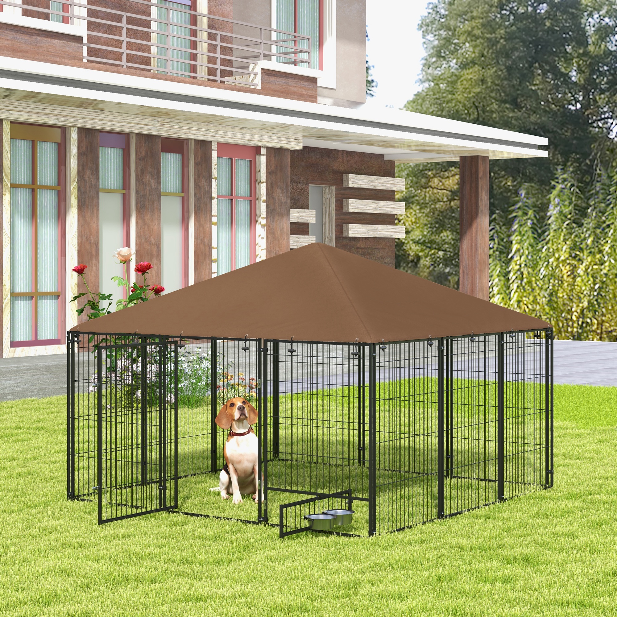  6.9' x 6.9' x 5' Outdoor Dog Kennel with Canopy Garden Playpen Fence Crate Enclosure Cage Rotating Bowl, Coffee