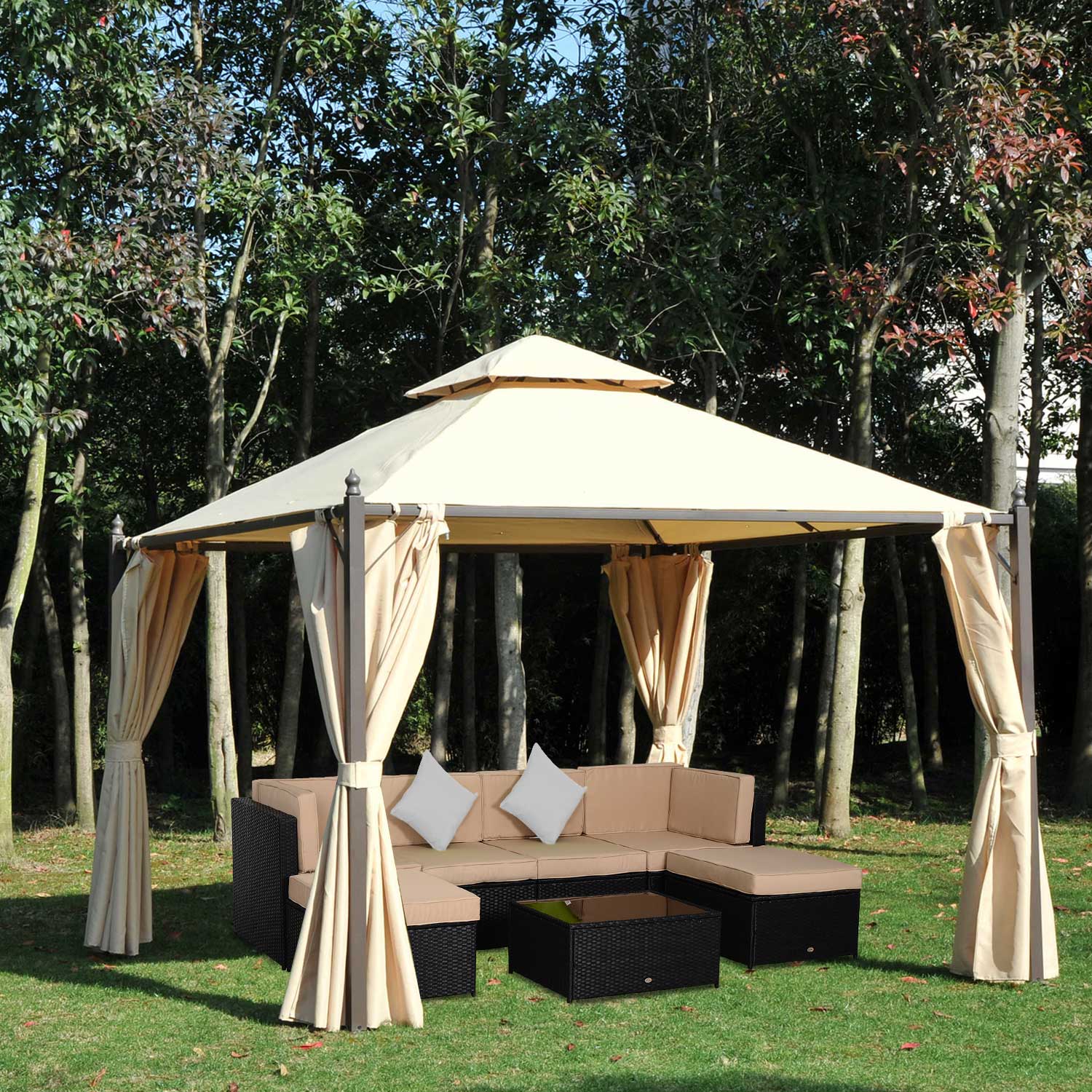 10 x 10 Steel Outdoor Patio Gazebo with Polyester Privacy Curtains, Two-Tier Roof for Air, Large Design