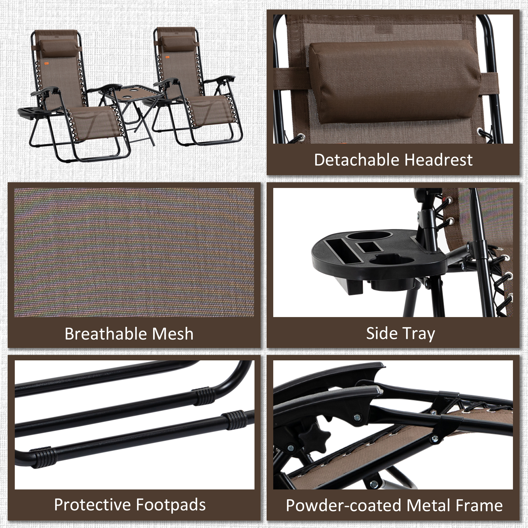  Zero Gravity Chair Set with Side Table, Folding Reclining Chair with Cupholders & Pillows, Adjustable Lounge Chairs for Pool, Backyard, Lawn, Beach, Brown