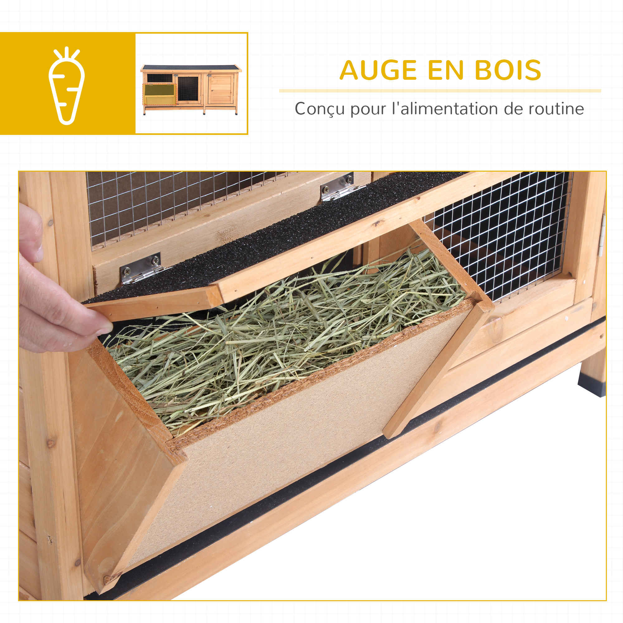  Large Bunny Hutch, Rabbit Cage with 2 Outside Areas and 1 Main House for Small Animals, Yellow