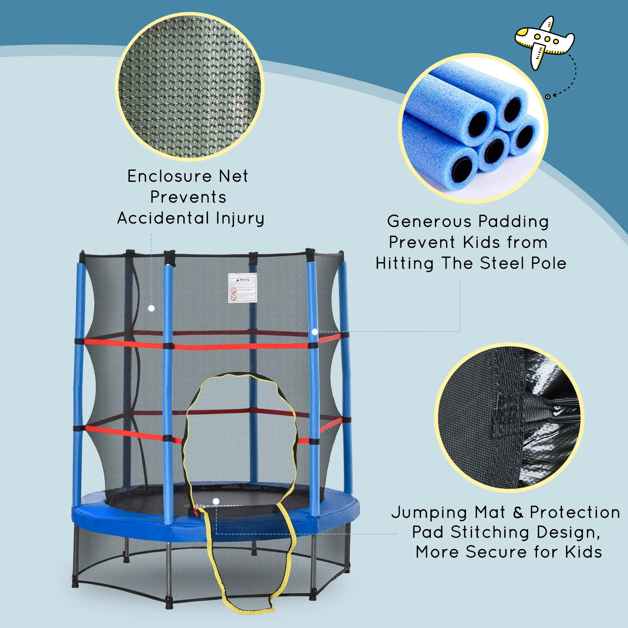 Φ5FT Kids Trampoline with Enclosure Net for Age 3 to 6 Years Blue