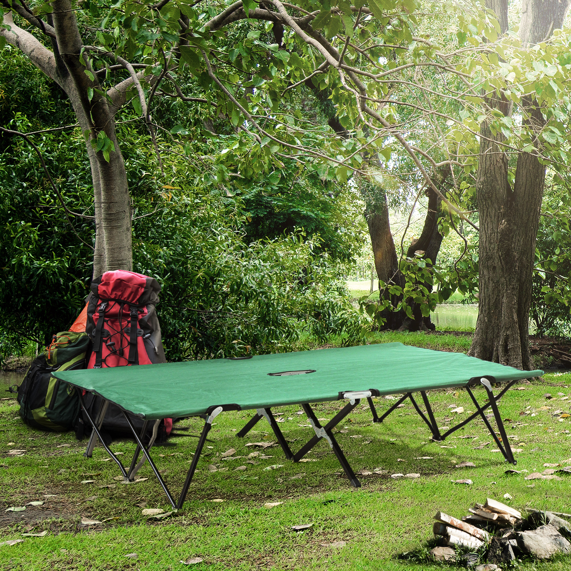  2 Person Folding Camping Cot for Adults, 50" Extra Wide Outdoor Portable Sleeping Cot with Carry Bag, Elevated Camping Bed, Beach Hiking, Green