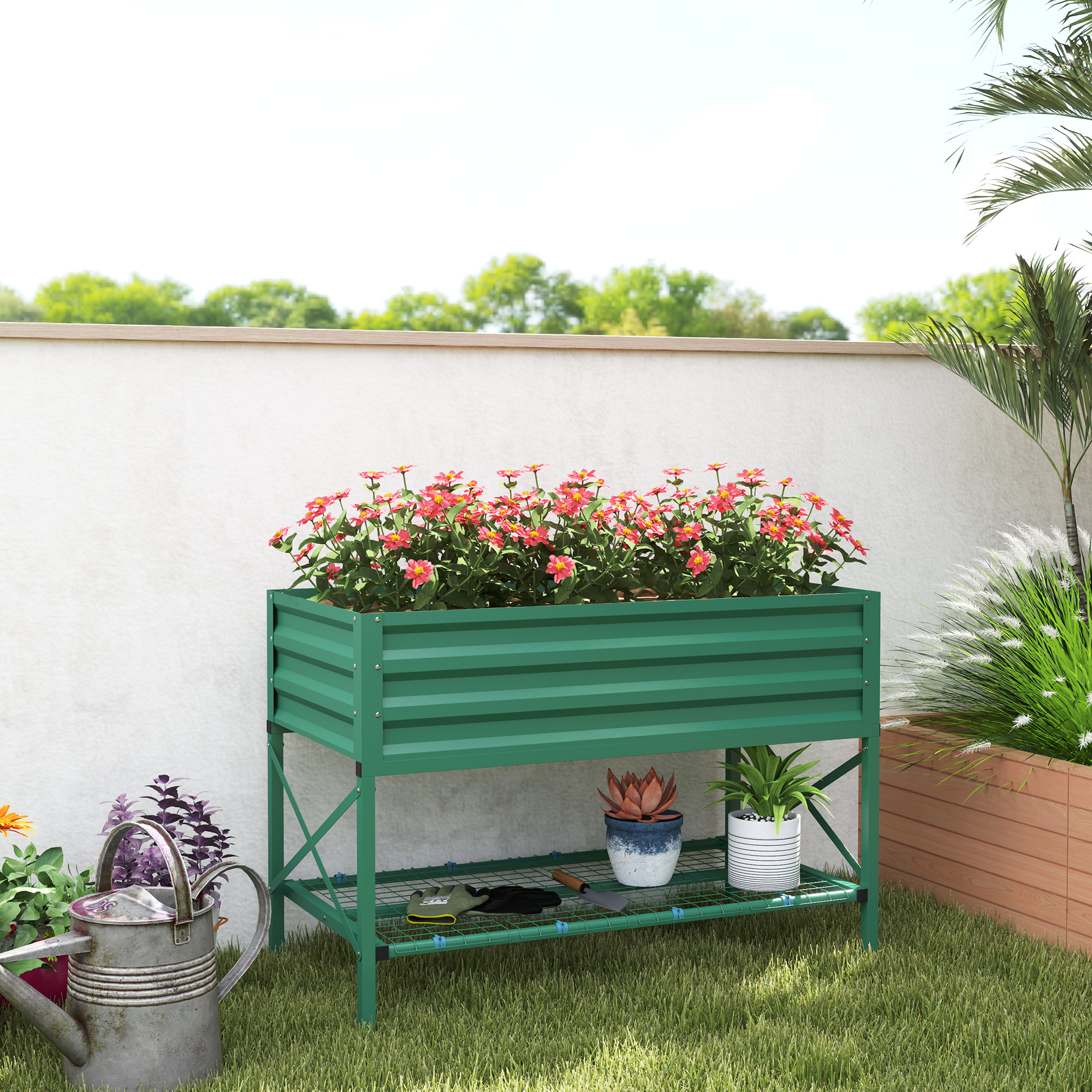 Galvanized Raised Garden Bed, Metal Planter Box with Legs, Storage Shelf and Bed Liner, Green