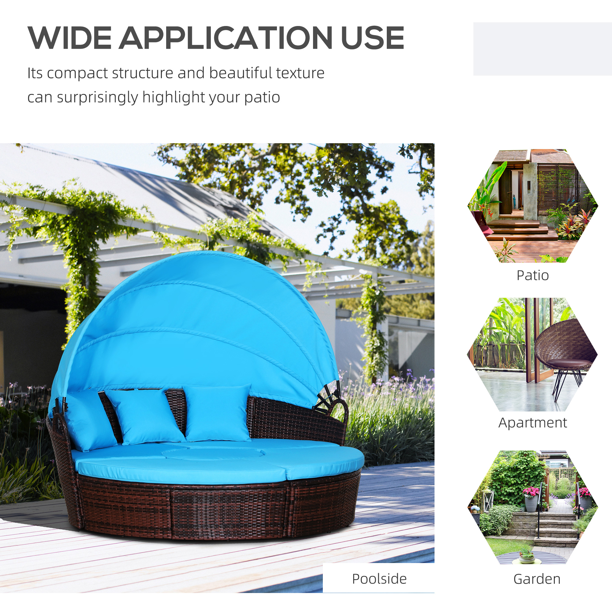  4-Piece Round Convertible Daybed with Cushions, Outdoor PE Rattan Patio Wicker Sofa Set, Sunbed with Adjustable Sun Canopy, Sectional Sofa, 2 Chairs, Table, 3 Pillows, Blue