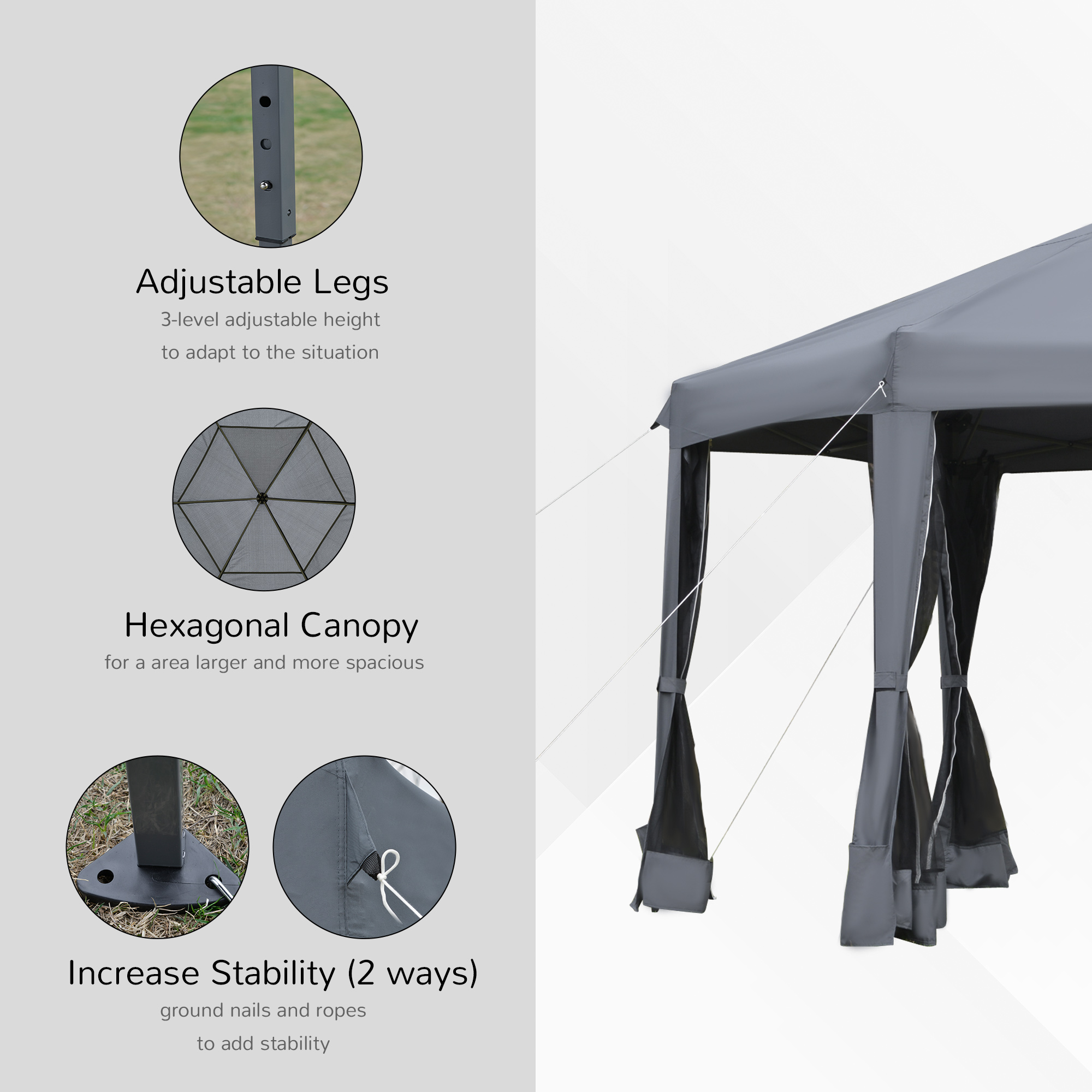 13′ x 11′ Hexagonal Pop Up Gazebo, Heavy Duty Outdoor Canopy Tent with 6 Mesh Sidewall Netting, 3-Level Adjustable Height and Strong Steel Frame, Gray