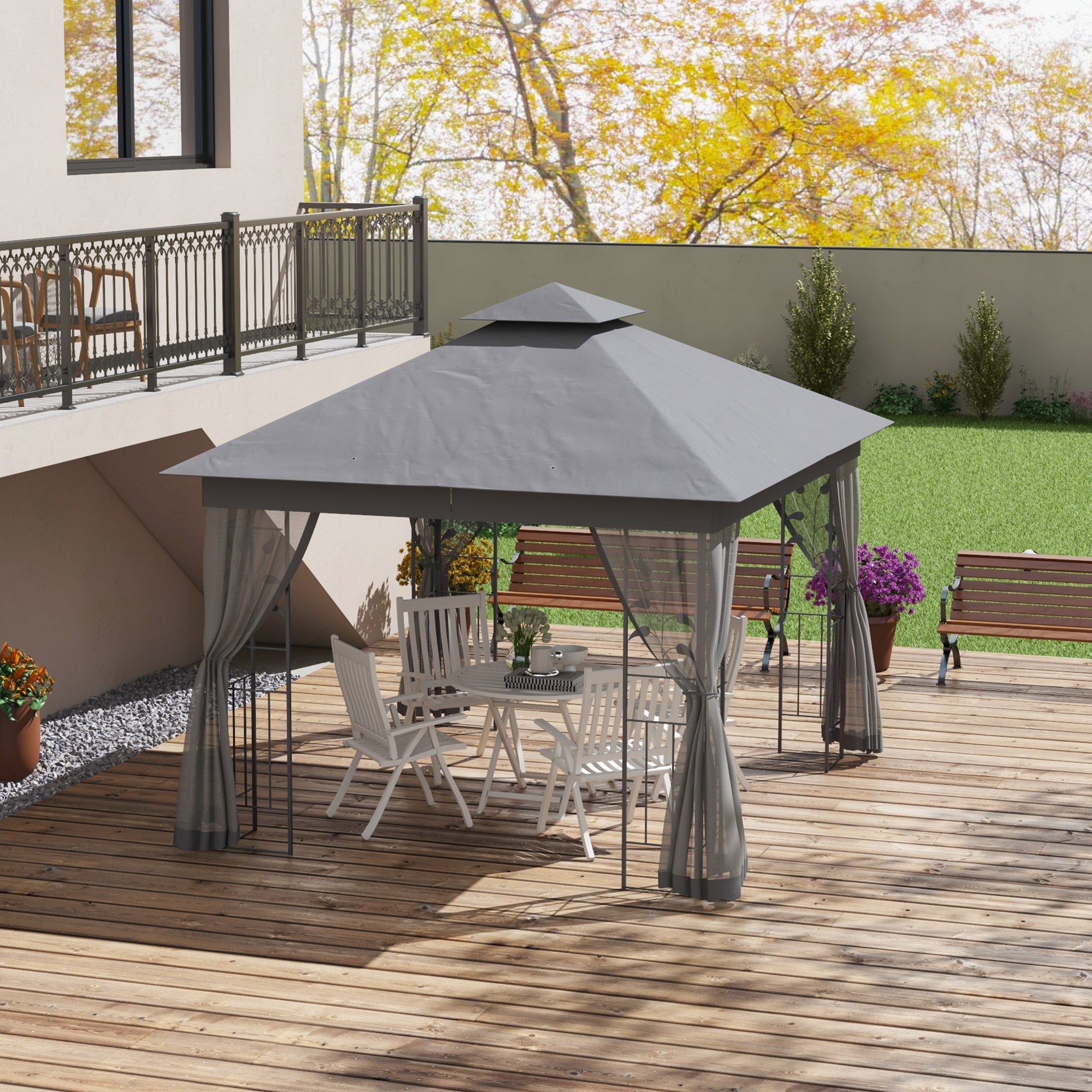 10 x 11.5 Metal Patio Gazebo, Double Roof Outdoor Gazebo Canopy Shelter w/Tree Motifs Corner Frame and Netting, Gray