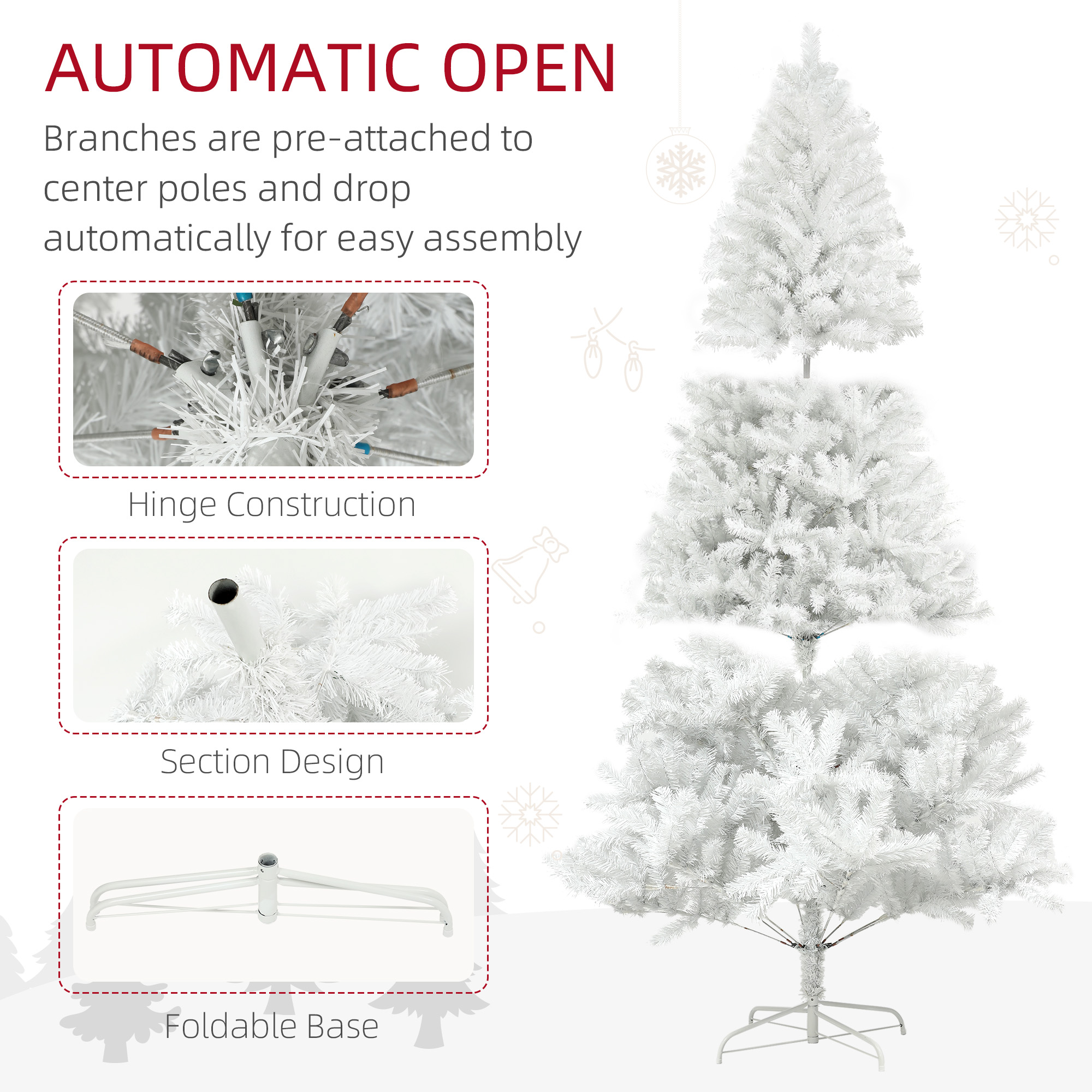  7.5ft Unlit Artificial White Christmas Tree, Holiday Décor with 1346 Branch Tips, Auto Open and Steel Base