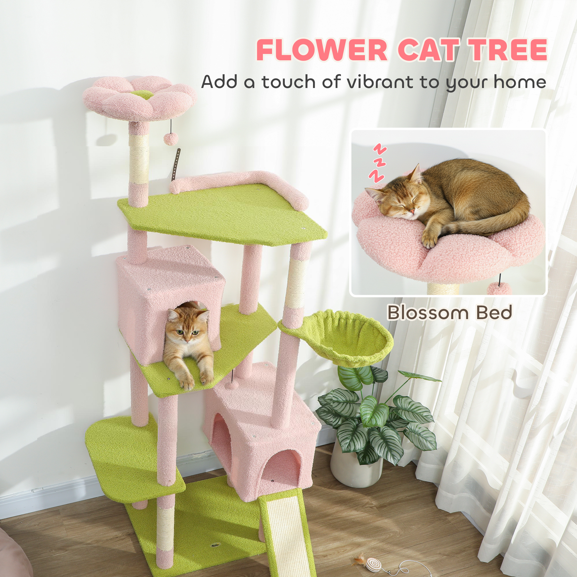  74" Flower Cat Tree, Large Cat Tower with Scratching Post & Board for Indoor Cats, Pink