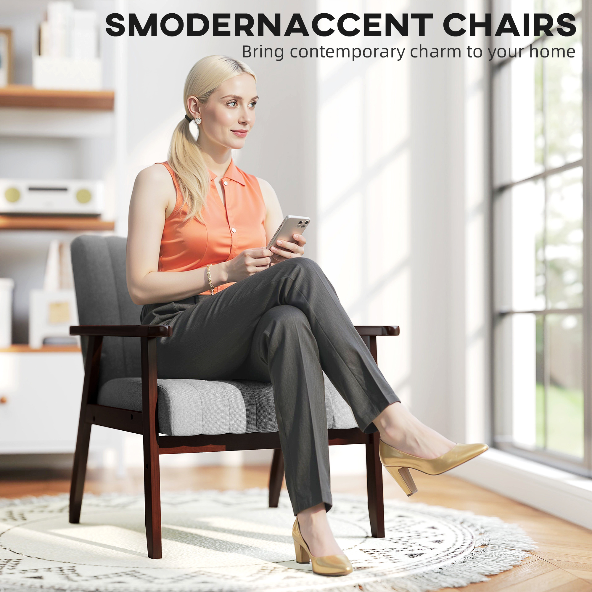 Mid Century Accent Chair, With Wooden Legs - Grey — image 2