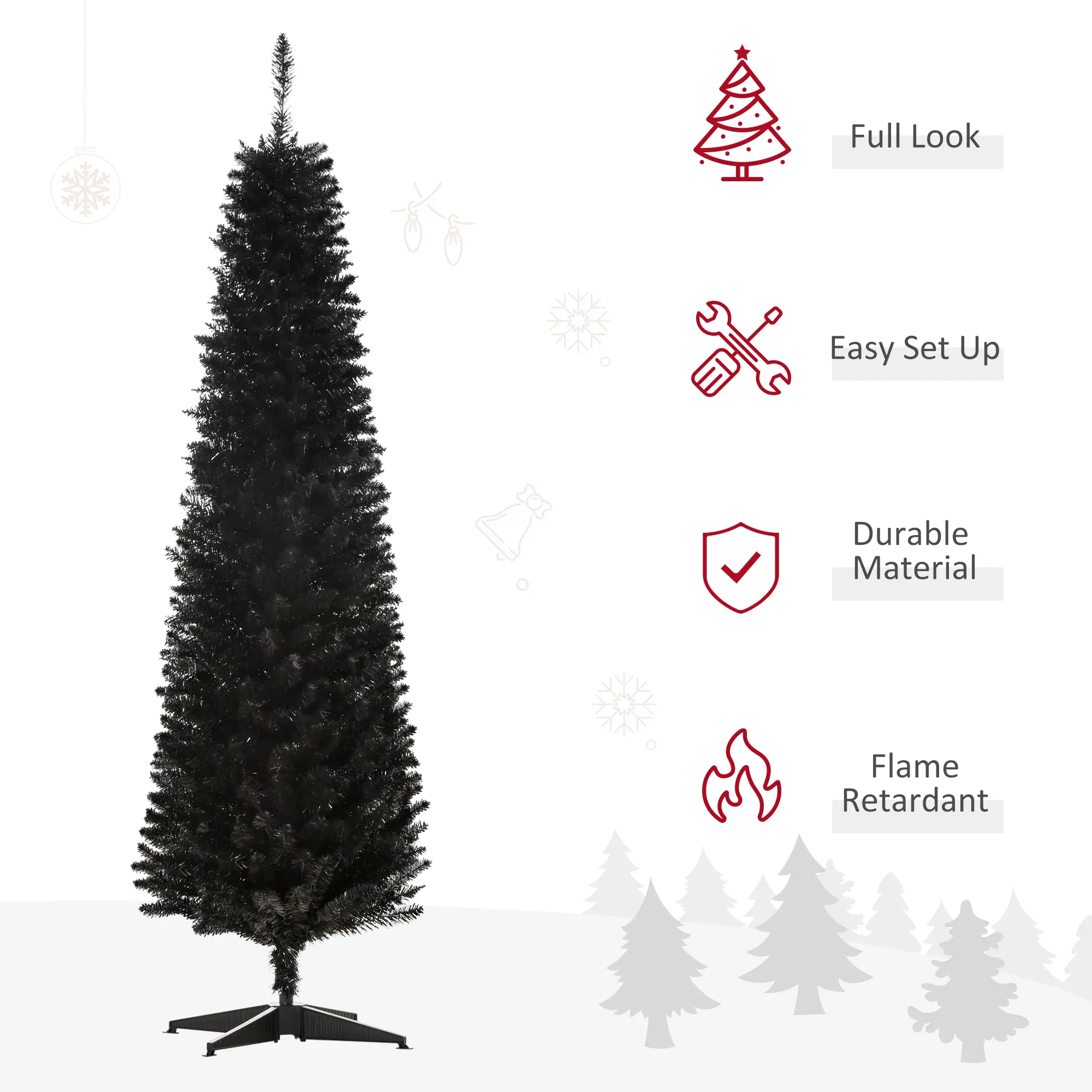 6 Artificial Pencil Christmas Tree, Slim Xmas Tree with 390 Realistic Branch Tips and Plastic Stand, Black