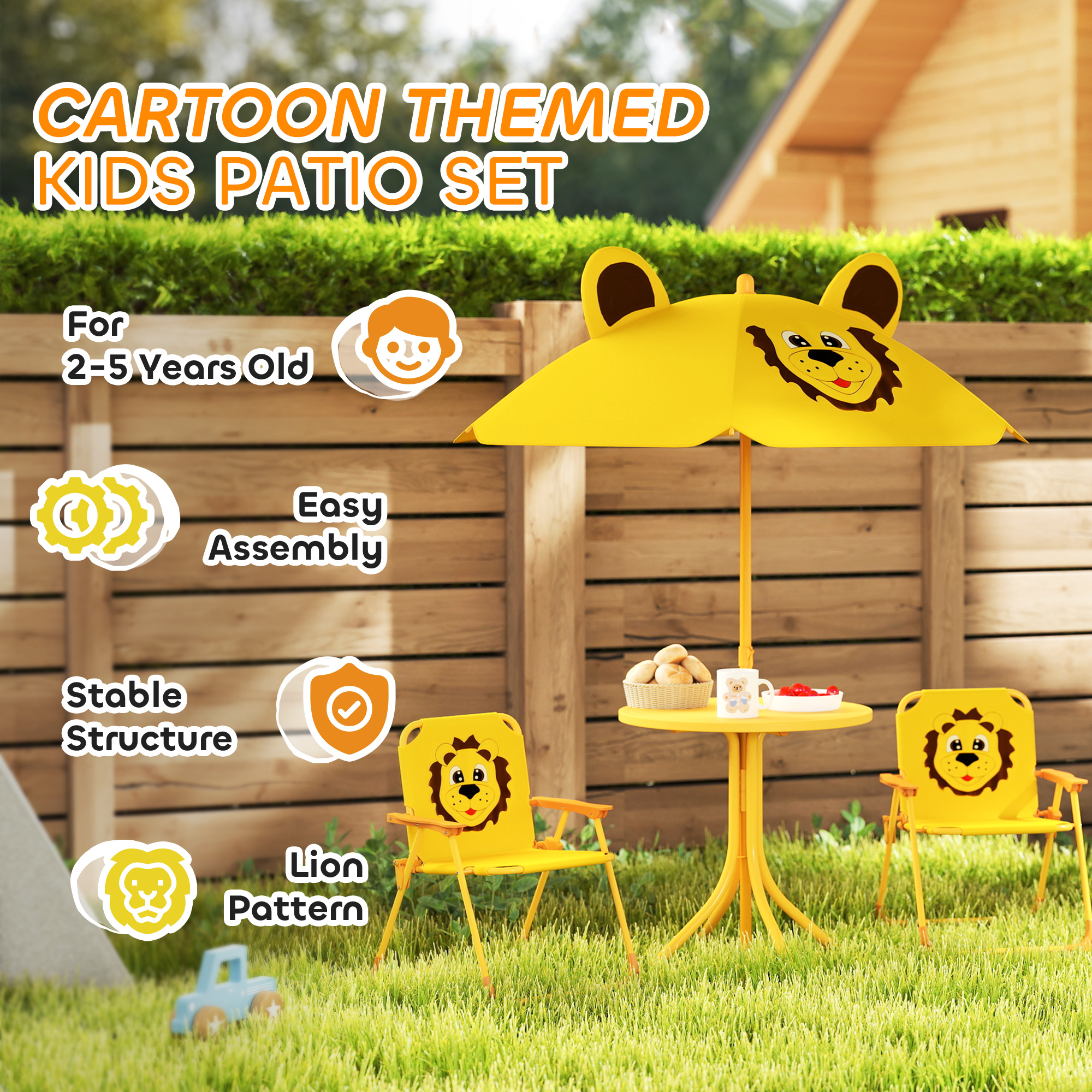 Kids Picnic Table and Chair Set, Outdoor Activity Table with Foldable Chairs, Height Adjustable Umbrella, Yellow