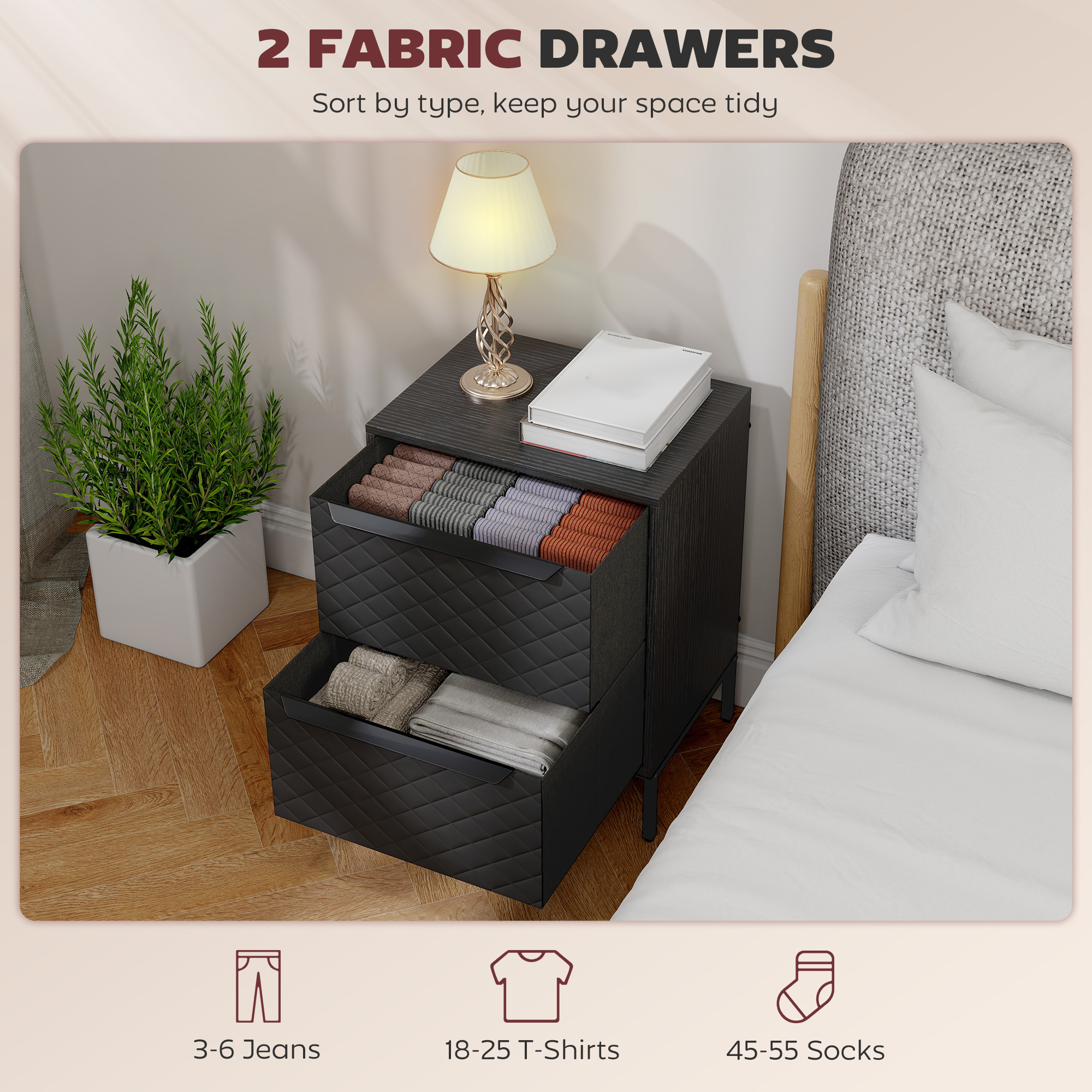 Chest Of Drawers, Dresser With 2 Fabric And Aluminium Handles - Black — image 5